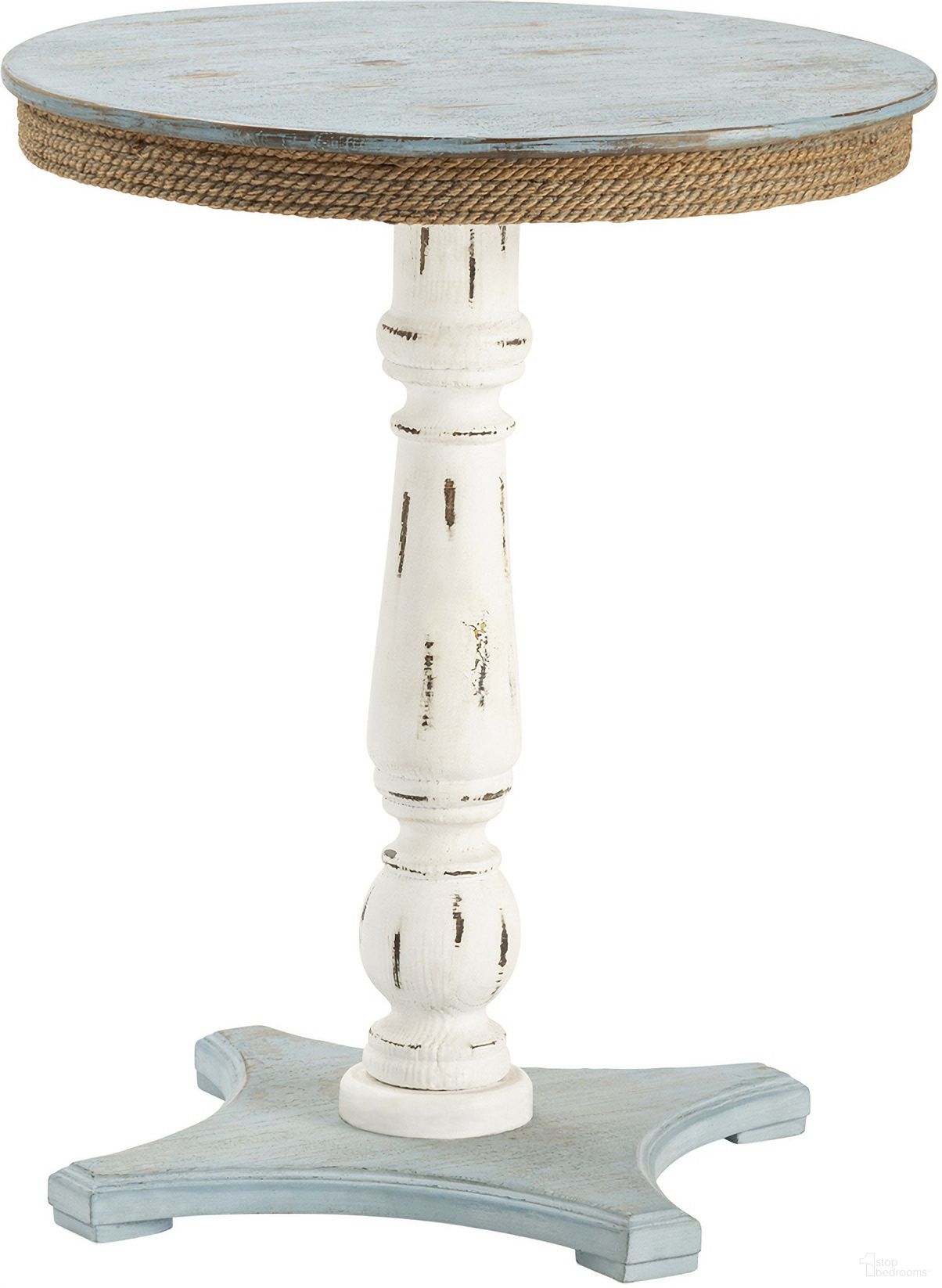 The appearance of Round Fir Wood Coastal Style Accent Table In Blue and White designed by Crestview Collection in the coastal interior design. This blue/white piece of furniture  was selected by 1StopBedrooms from  to add a touch of cosiness and style into your home. Sku: CVFZR1709. Material: Solid Wood.