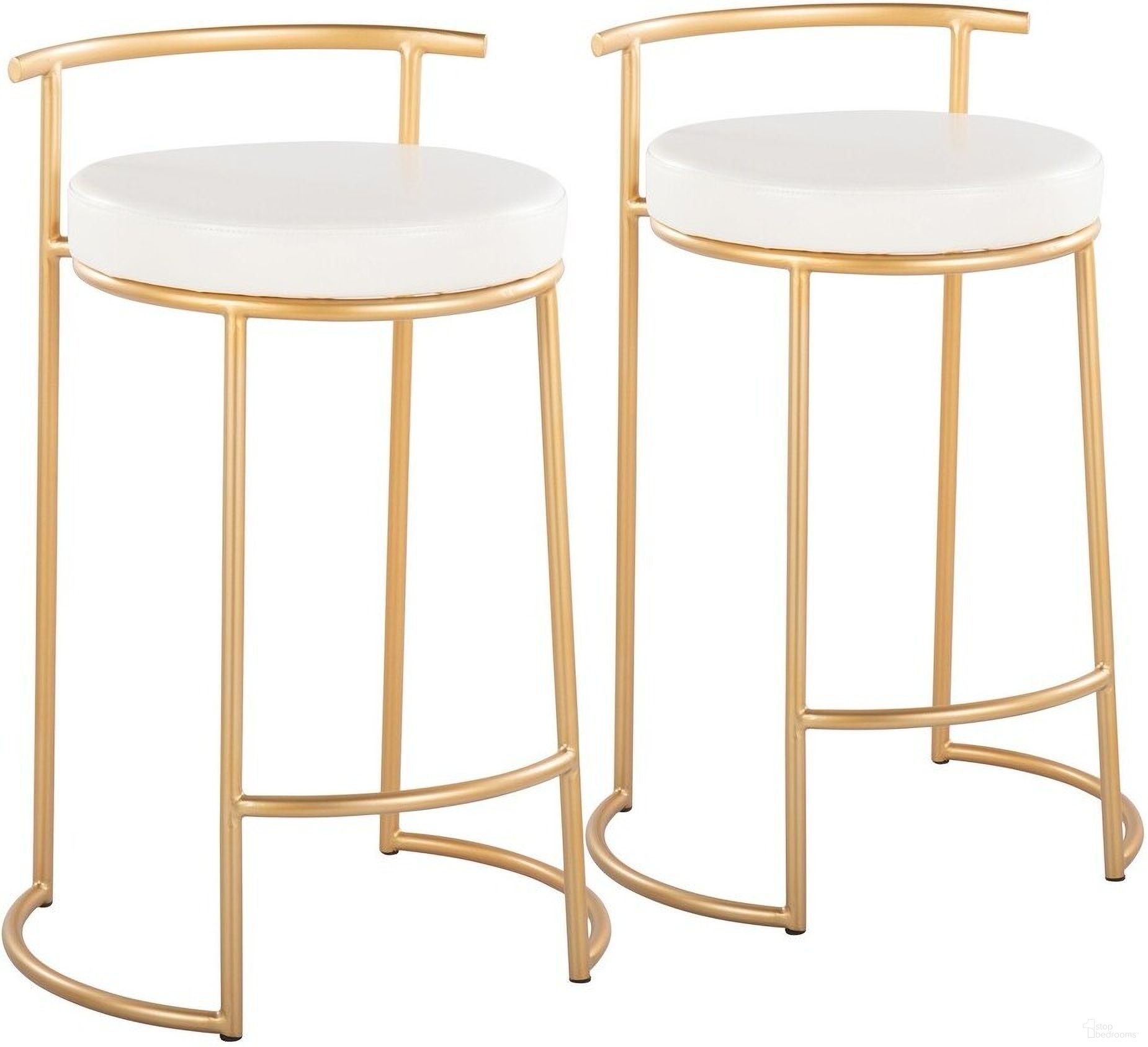 The appearance of Round Fuji 26 Inch Fixed Height Counter Stool Set of 2 In White and Gold designed by Lumisource in the modern / contemporary interior design. This white and gold piece of furniture  was selected by 1StopBedrooms from Fuji Collection to add a touch of cosiness and style into your home. Sku: B26-RNDFUJIPU1 AUW2. Material: Leather.