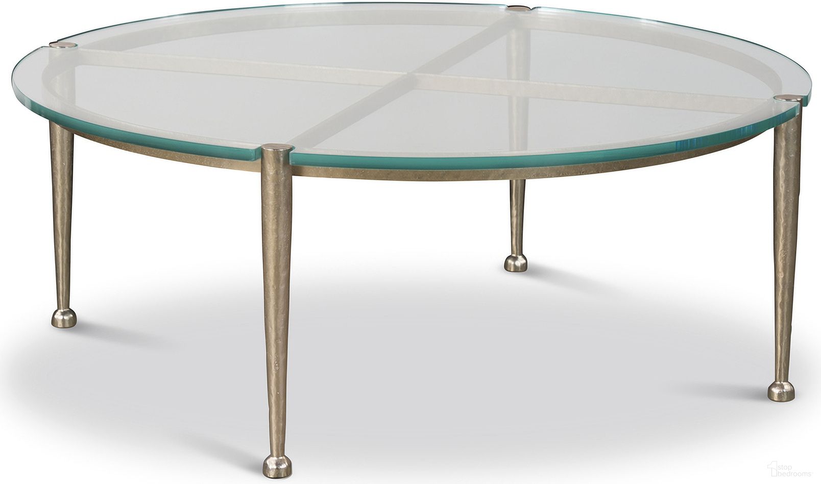 The appearance of Round Glass Top Cocktail Table In Champagne designed by Century Furniture in the modern / contemporary interior design. This champagne piece of furniture  was selected by 1StopBedrooms from Cadence Collection to add a touch of cosiness and style into your home. Sku: CAA-603B;CAA-603T. Material: Metal.