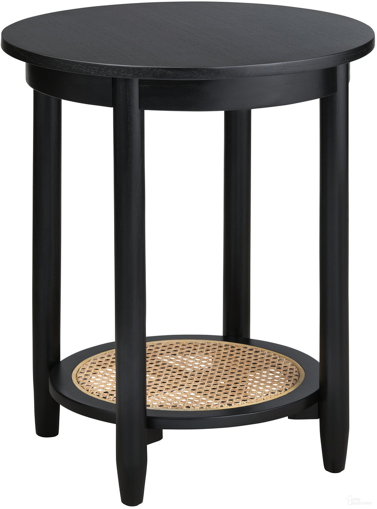 Round Mindi Wood and Rattan Accent Table In Black and Tan