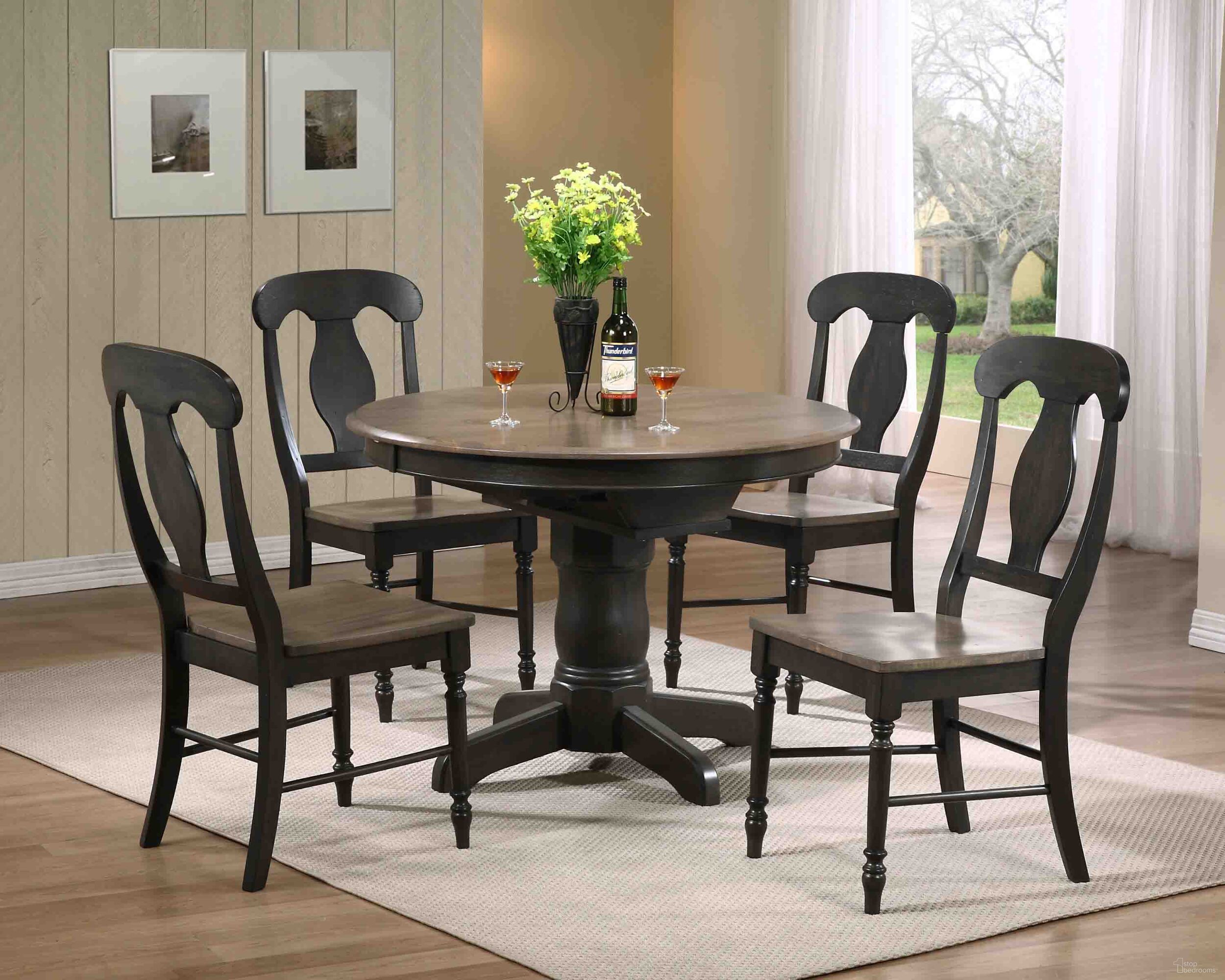 The appearance of Round Napoleon Back 5-Piece Dining Set In Grey Stone and Black Stone designed by Iconic Furniture in the country / farmhouse interior design. This grey stone and black stone piece of furniture was selected by 1StopBedrooms from Classics Collection to add a touch of cosiness and style into your home. Sku: RD42WCH53GRSBKS-5PC. Table Base Style: Pedestal. Table Top Shape: Round. Material: Rubberwood.