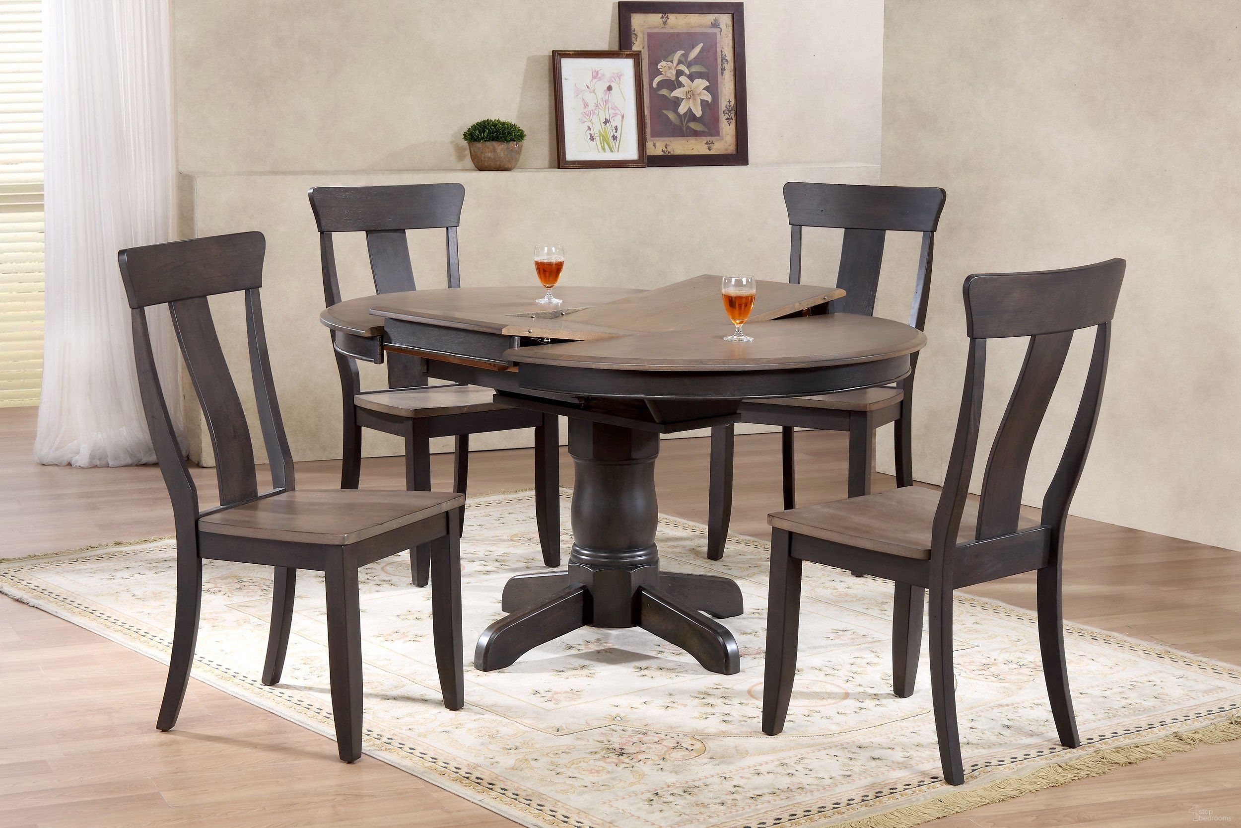 The appearance of Round Panel Back 5-Piece Dining Set In Grey Stone and Black Stone designed by Iconic Furniture in the transitional interior design. This grey stone and black stone piece of furniture was selected by 1StopBedrooms from Classics Collection to add a touch of cosiness and style into your home. Sku: RD42WCH57GRSBKS-5PC. Table Base Style: Pedestal. Table Top Shape: Round. Material: Rubberwood.