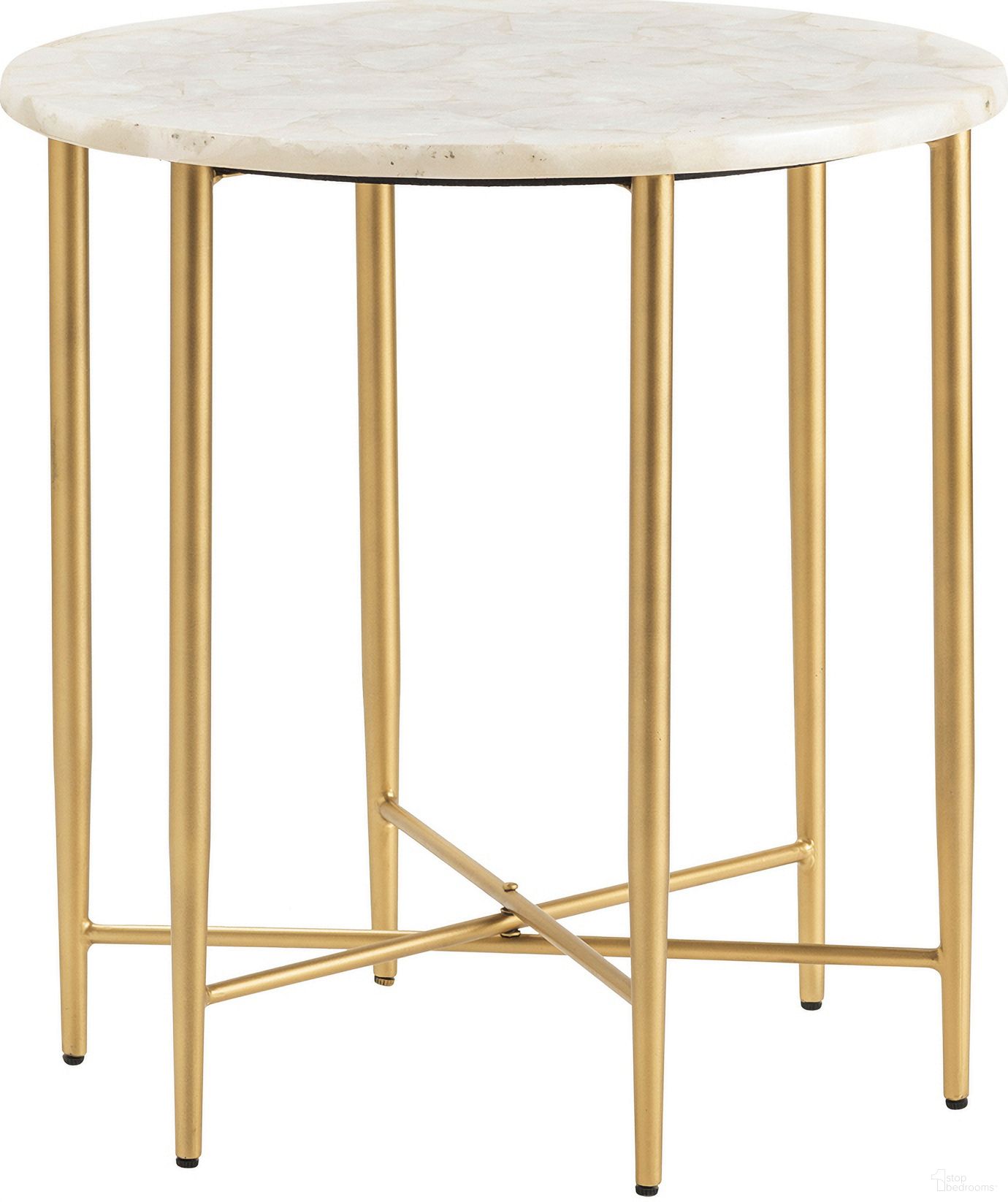 Round Travertine End Table In Gold and White