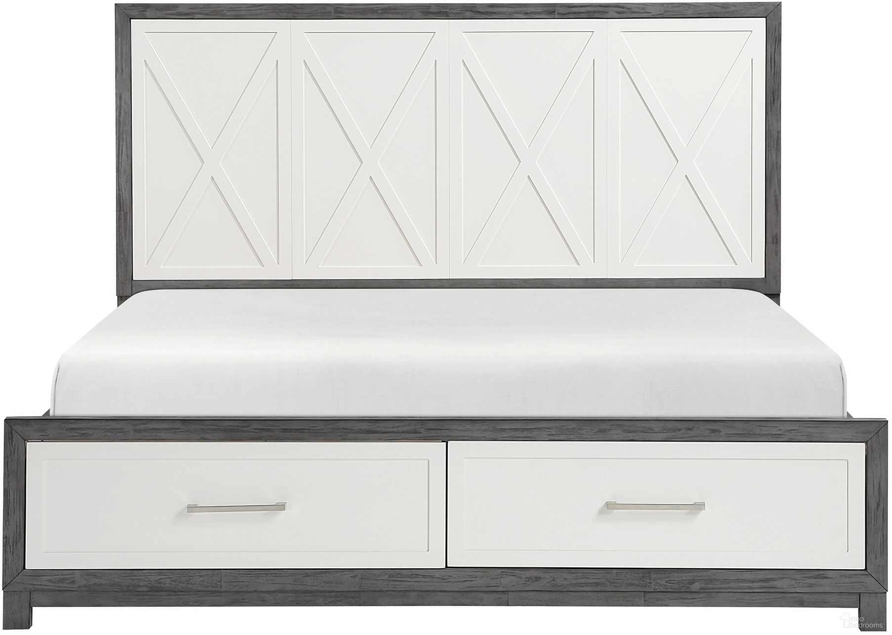 The appearance of Rowan Eastern King Platform Bed with Footboard Storage In Gray and Ivory designed by Homelegance in the modern / contemporary interior design. This gray and ivory piece of furniture  was selected by 1StopBedrooms from Rowan Collection to add a touch of cosiness and style into your home. Sku: 1366K-1;1366K-2;1366-3. Bed Type: Storage Bed. Material: Wood. Bed Size: King.