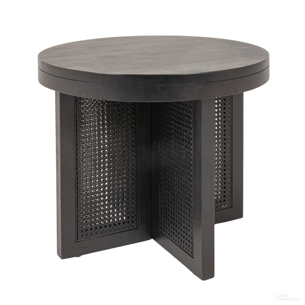 The appearance of Rowan Mango Wood and Cane Round End Table In Black designed by Rowena Interiors in the modern / contemporary interior design. This black piece of furniture  was selected by 1StopBedrooms from Rowan Collection to add a touch of cosiness and style into your home. Sku: EC1973. Material: Mango Wood.