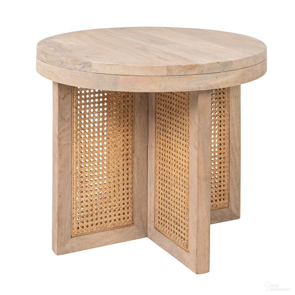 The appearance of Rowan Mango Wood and Cane Round End Table In Natural designed by Rowena Interiors in the coastal interior design. This natural piece of furniture  was selected by 1StopBedrooms from Rowan Collection to add a touch of cosiness and style into your home. Sku: EC2180. Material: Mango Wood.