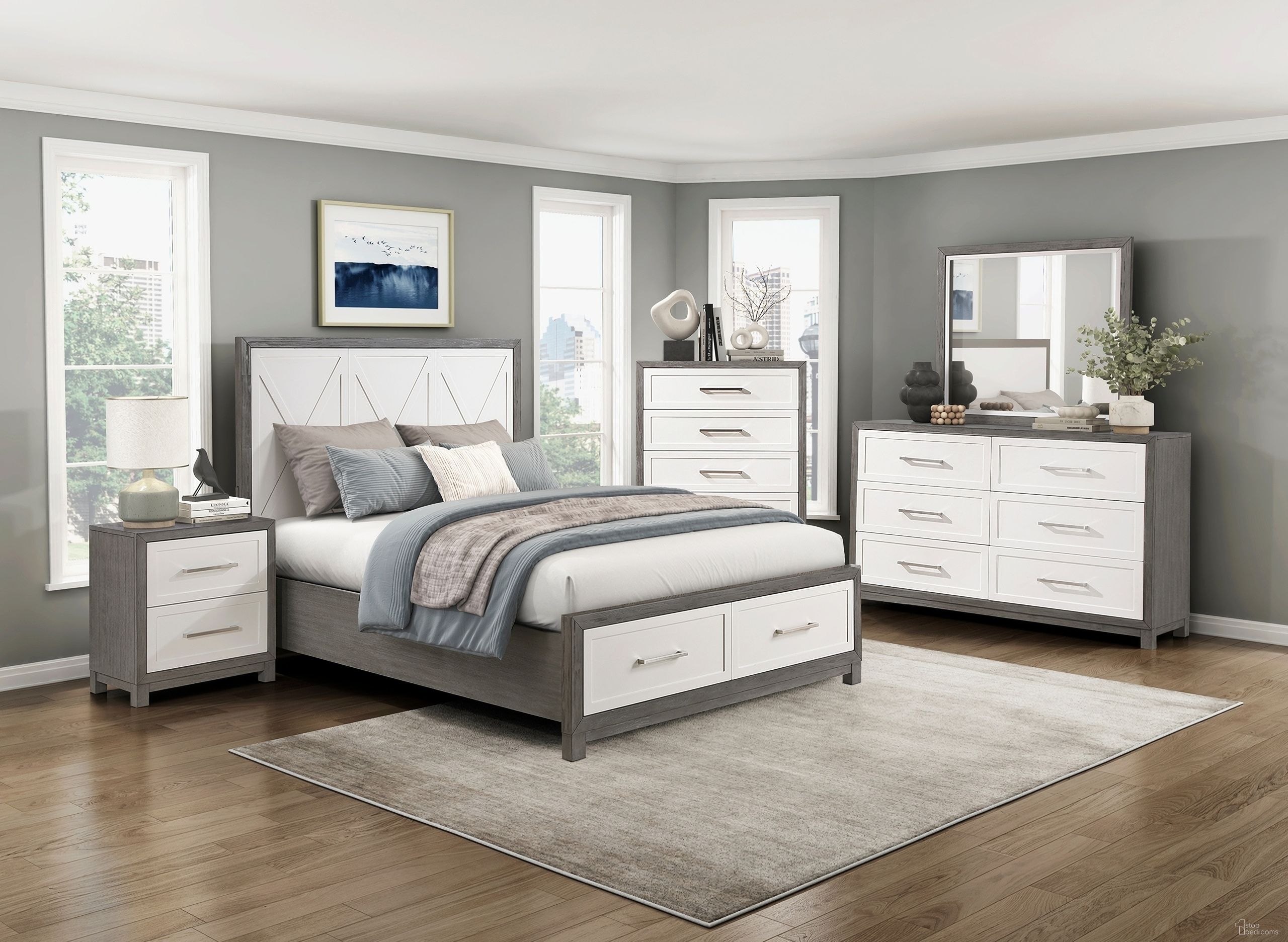 The appearance of Rowan Platform Bedroom Set with Footboard Storage In Gray and Ivory designed by Homelegance in the modern / contemporary interior design. This gray and ivory piece of furniture was selected by 1StopBedrooms from Rowan Collection to add a touch of cosiness and style into your home. Sku: 1366-1;1366-2;1366-3;1366-4. Material: Wood. Bed Size: California King.