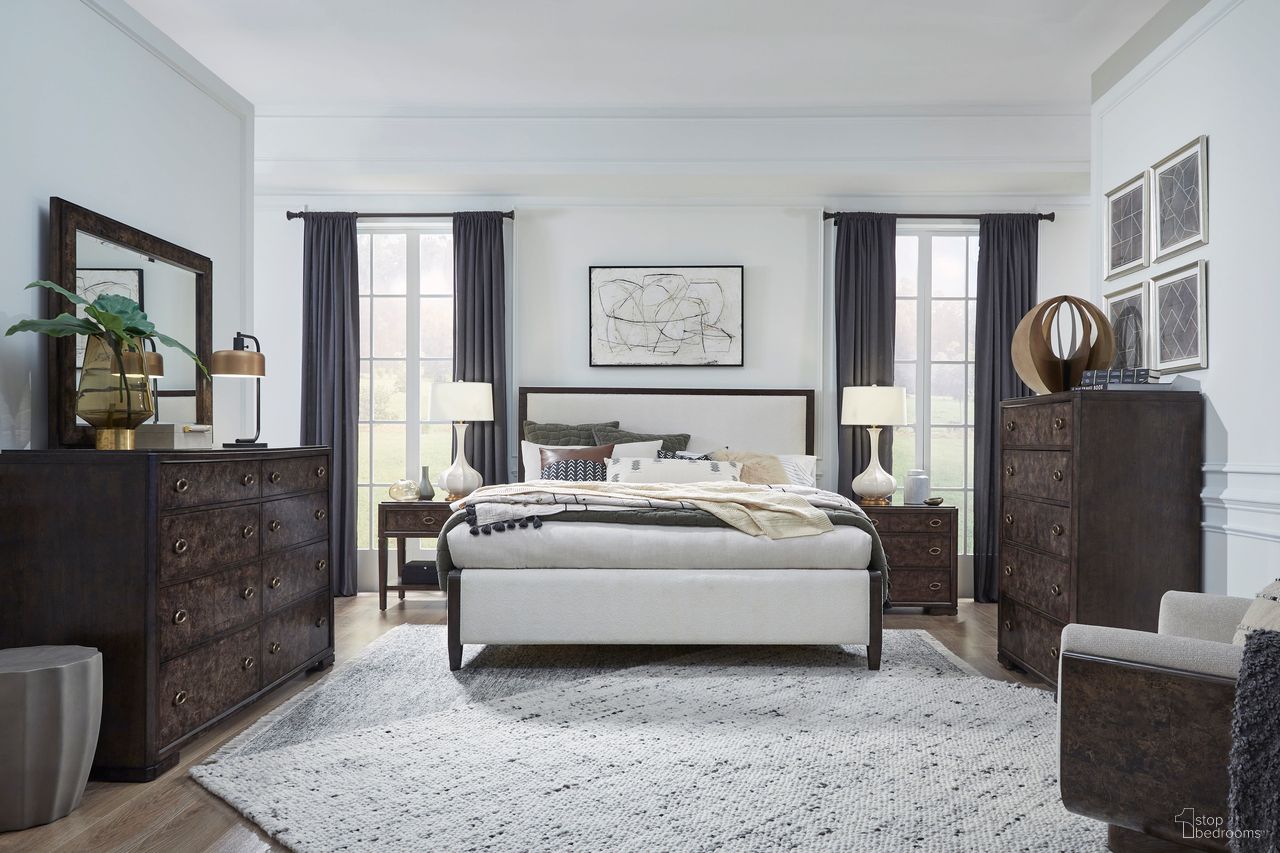 The appearance of Rowan Upholstered Panel Bedroom Set In Espresso designed by Magnussen in the coastal interior design. This espresso piece of furniture  was selected by 1StopBedrooms from Rowan Collection to add a touch of cosiness and style into your home. Sku: B5769-55H;B5769-55F;B5769-55R;B5769-05. Bed Size: King. Material: Hardwood.