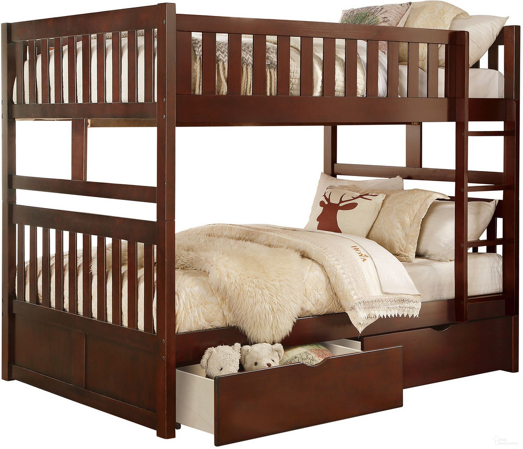 The appearance of Rowe Full/Full Bunk Bed with Storage Boxes In Cherry designed by Homelegance in the transitional interior design. This cherry piece of furniture was selected by 1StopBedrooms from Rowe Collection to add a touch of cosiness and style into your home. Sku: B2013FFDC-1;B2013FFDC-2;B2013FFDC-SL;B2013DC-T. Bed Type: Bunk Bed. Material: Wood. Bed Size: Full Over Full.