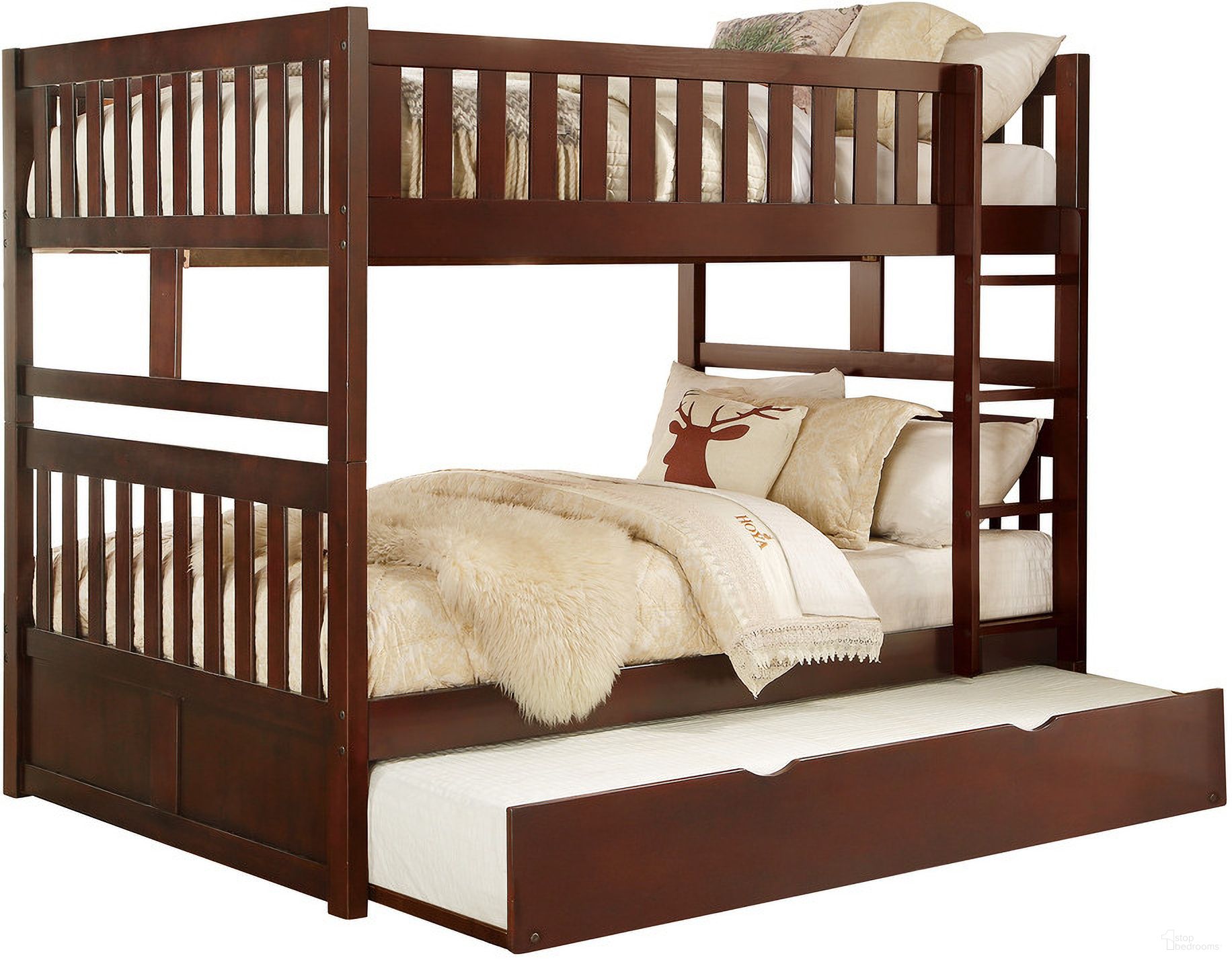 The appearance of Rowe Full/Full Bunk Bed with Twin Trundle In Cherry designed by Homelegance in the transitional interior design. This cherry piece of furniture was selected by 1StopBedrooms from Rowe Collection to add a touch of cosiness and style into your home. Sku: B2013FFDC-1;B2013FFDC-2;B2013FFDC-SL;B2013DC-R. Bed Type: Bunk Bed. Material: Wood. Bed Size: Full Over Full.