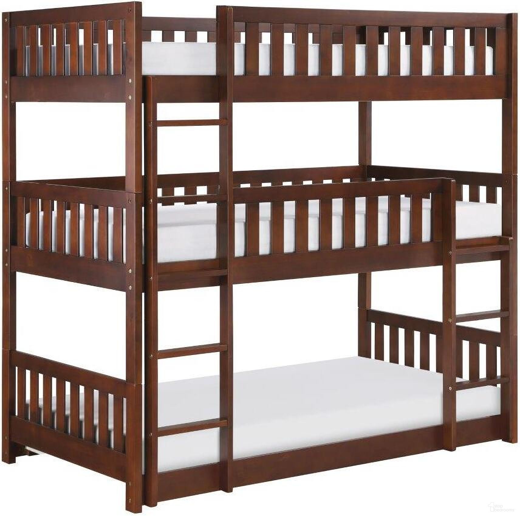 The appearance of Rowe Dark Cherry Triple Bunk Bed designed by Homelegance in the transitional interior design. This brown piece of furniture was selected by 1StopBedrooms from Rowe Collection to add a touch of cosiness and style into your home. Sku: B2013TTTDC-1;B2013TTTDC-2;B2013TTTDC-SL. Bed Type: Bunk Bed. Material: Wood. Bed Size: Twin Over Twin.