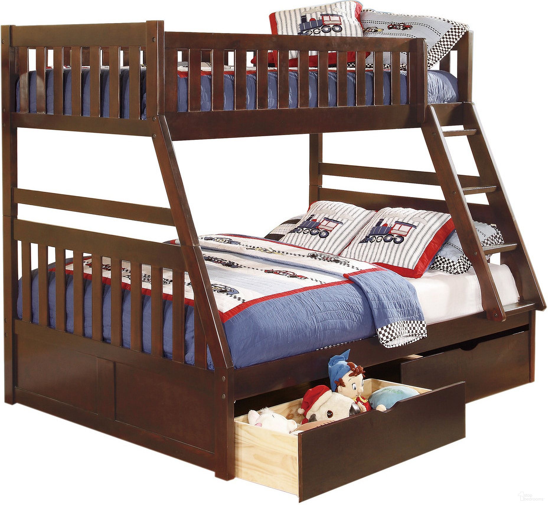 The appearance of Rowe Twin/Full Bunk Bed with Storage Boxes In Cherry designed by Homelegance in the transitional interior design. This cherry piece of furniture was selected by 1StopBedrooms from Rowe Collection to add a touch of cosiness and style into your home. Sku: B2013TFDC-1;B2013TFDC-2;B2013TFDC-SL;B2013DC-T. Bed Type: Bunk Bed. Material: Wood. Bed Size: Twin Over Full.