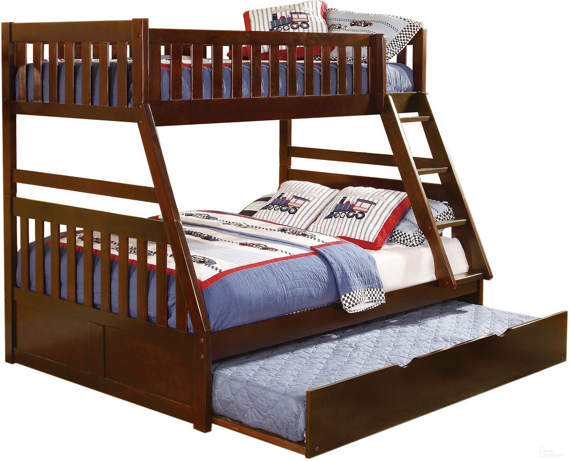 The appearance of Rowe Twin/Full Bunk Bed with Twin Trundle In Cherry designed by Homelegance in the transitional interior design. This cherry piece of furniture was selected by 1StopBedrooms from Rowe Collection to add a touch of cosiness and style into your home. Sku: B2013TFDC-1;B2013TFDC-2;B2013TFDC-SL;B2013DC-R. Bed Type: Bunk Bed. Material: Wood. Bed Size: Twin Over Full.