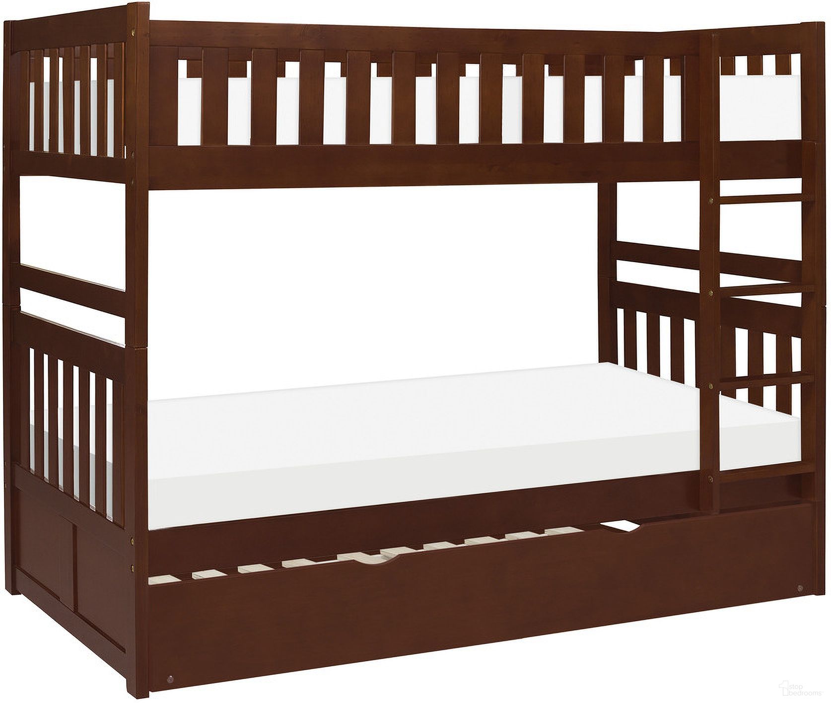 The appearance of Rowe Twin/Twin Bunk Bed with Twin Trundle In Cherry designed by Homelegance in the transitional interior design. This cherry piece of furniture was selected by 1StopBedrooms from Rowe Collection to add a touch of cosiness and style into your home. Sku: B2013DC-1;B2013DC-2;B2013DC-SL;B2013DC-R. Bed Type: Bunk Bed. Material: Wood. Bed Size: Twin Over Twin.