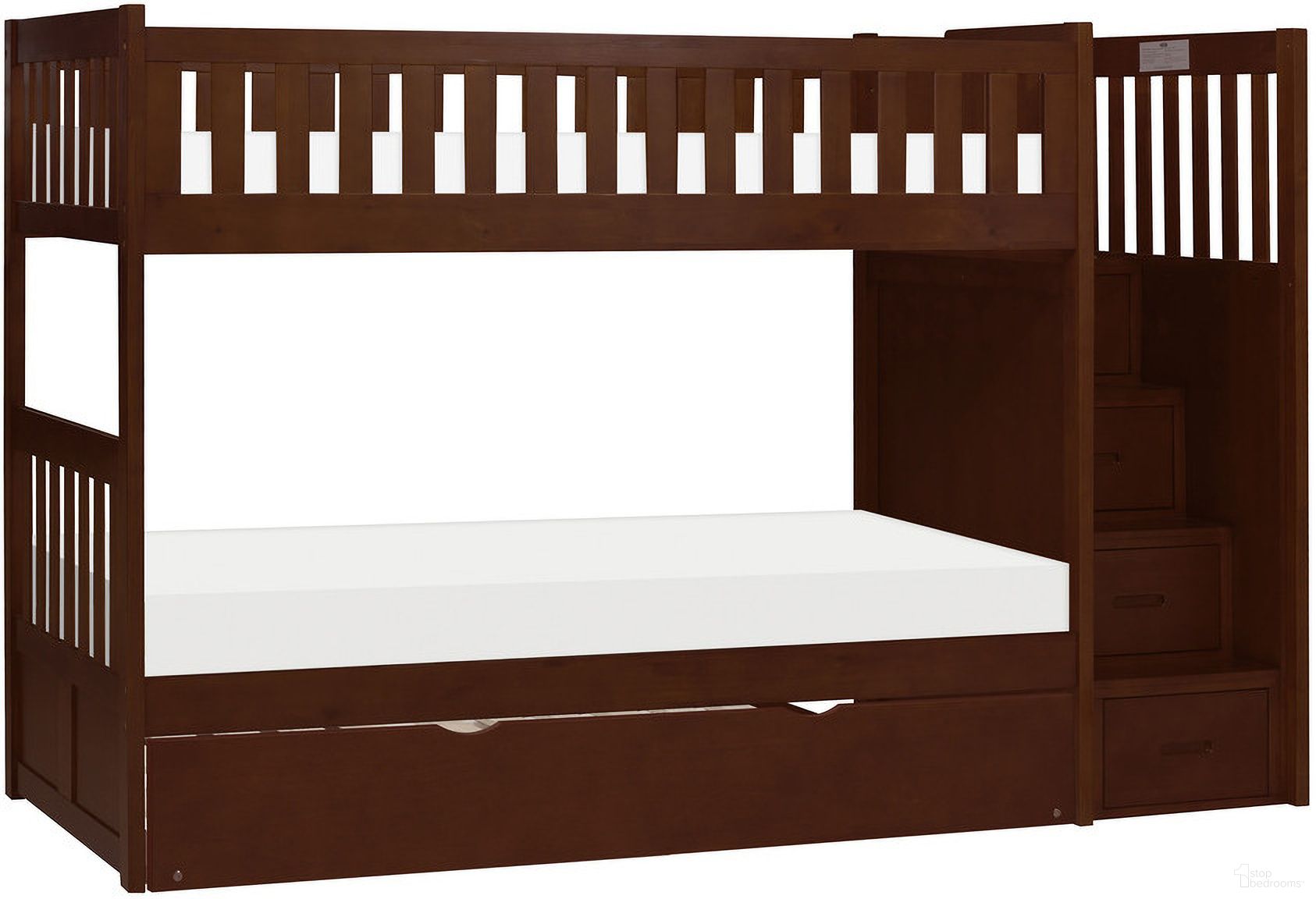 The appearance of Rowe Twin/Twin Step Bunk Bed with Twin Trundle In Cherry designed by Homelegance in the transitional interior design. This cherry piece of furniture was selected by 1StopBedrooms from Rowe Collection to add a touch of cosiness and style into your home. Sku: B2013SBDC-1;B2013SBDC-2;B2013SBDC-SL;B2013SBDC-3;B2013DC-R. Bed Type: Bunk Bed. Material: Wood. Bed Size: Twin Over Twin.