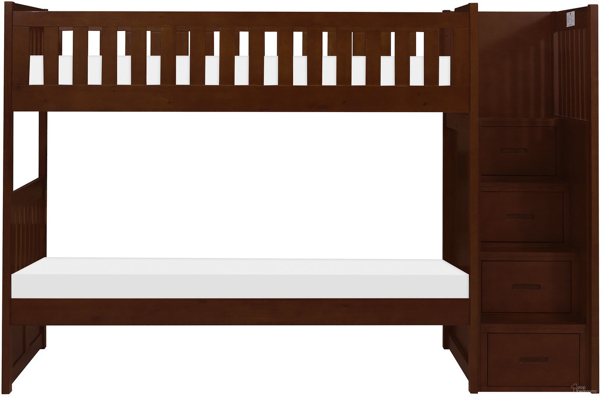 The appearance of Rowe Dark Cherry Twin Over Twin Step Bunk Bed designed by Homelegance in the transitional interior design. This brown piece of furniture was selected by 1StopBedrooms from Rowe Collection to add a touch of cosiness and style into your home. Sku: B2013SBDC-1;B2013SBDC-2;B2013SBDC-SL;B2013SBDC-3. Bed Type: Bunk Bed. Bed Size: Twin Over Twin. Material: Pine Veneer.