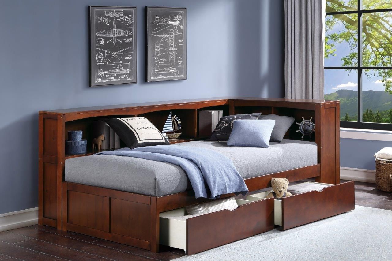 Rowe Dark Cherry Youth Bookcase Platform Corner Bedroom Set With Storage Boxes