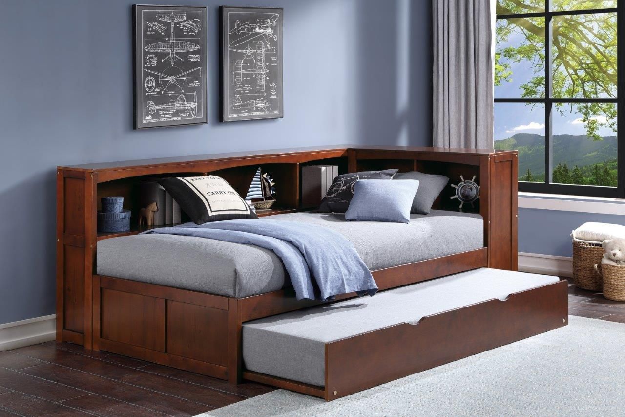 Rowe Dark Cherry Youth Bookcase Platform Corner Bedroom Set with Trundle