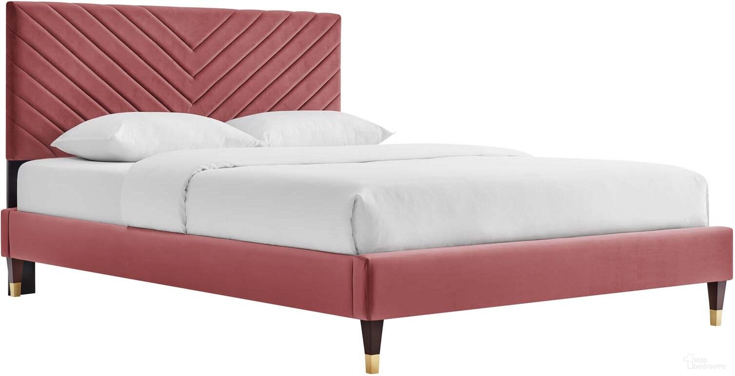 The appearance of Roxanne Performance Velvet Queen Platform Bed In Dusty Rose MOD-6286-DUS designed by Modway in the modern / contemporary interior design. This dusty rose piece of furniture  was selected by 1StopBedrooms from Roxanne Collection to add a touch of cosiness and style into your home. Sku: MOD-6144-DUS;MOD-6270-DUS. Bed Type: Platform Bed. Bed Size: Queen. Material: MDF.