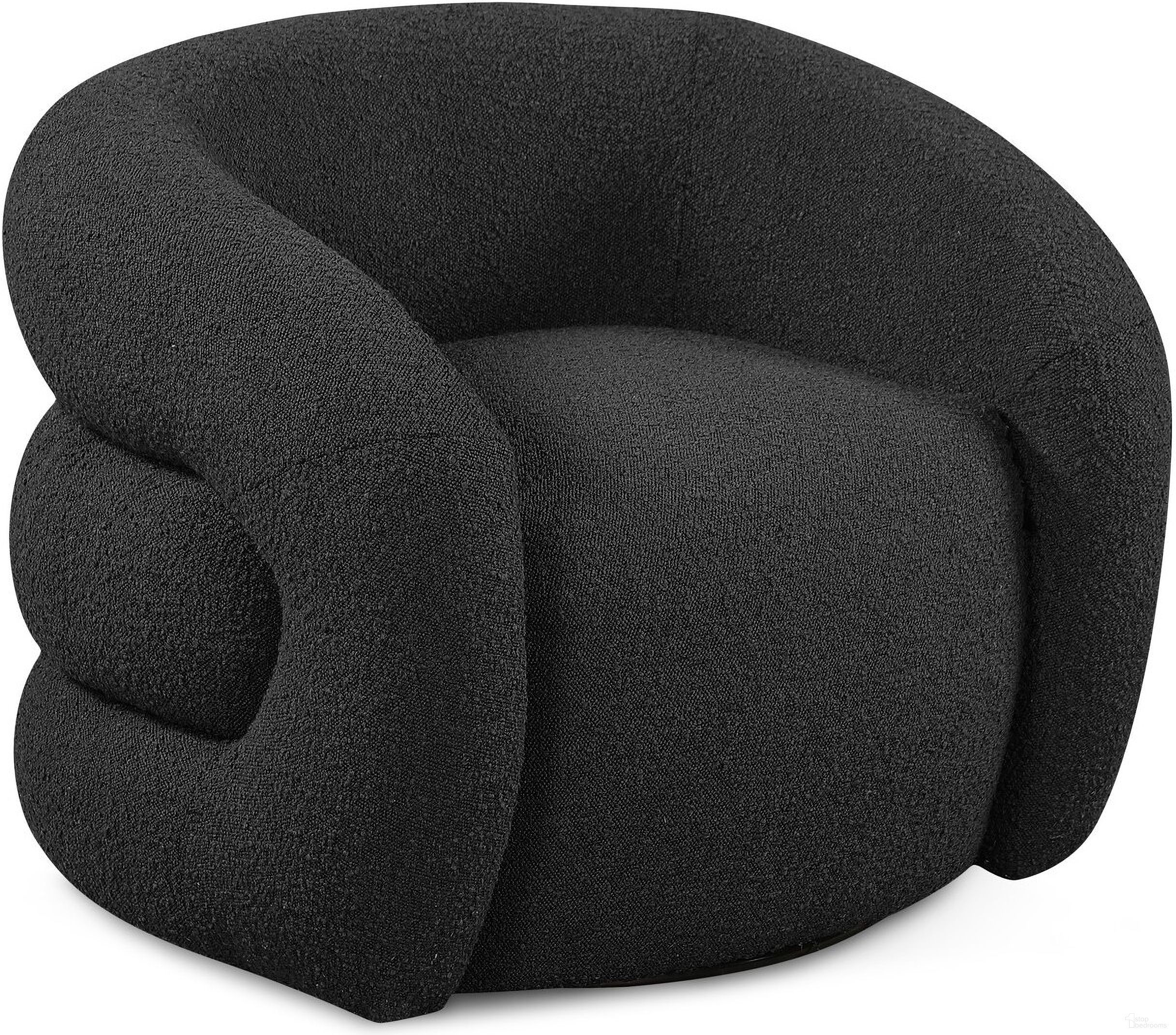The appearance of Roxbury Boucle Fabric Swivel Accent Chair In Black designed by Meridian in the modern / contemporary interior design. This black piece of furniture was selected by 1StopBedrooms from Roxbury Collection to add a touch of cosiness and style into your home. Sku: 473Black. Material: Boucle.