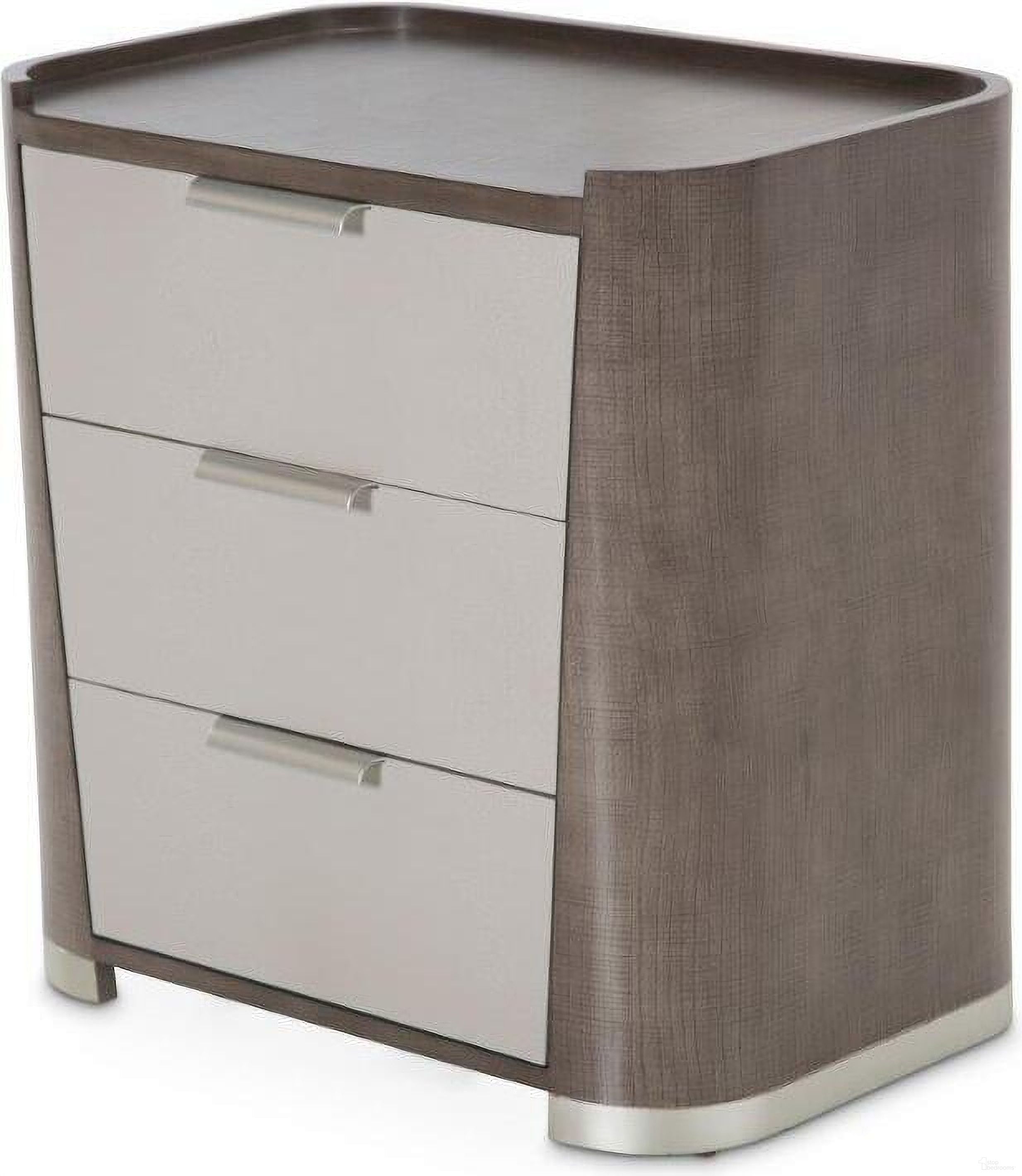 The appearance of Roxbury Park Nightstand In Slate designed by Michael Amini in the transitional interior design. This slate piece of furniture  was selected by 1StopBedrooms from Roxburry Collection to add a touch of cosiness and style into your home. Sku: N9006040-220. Material: Polyester.