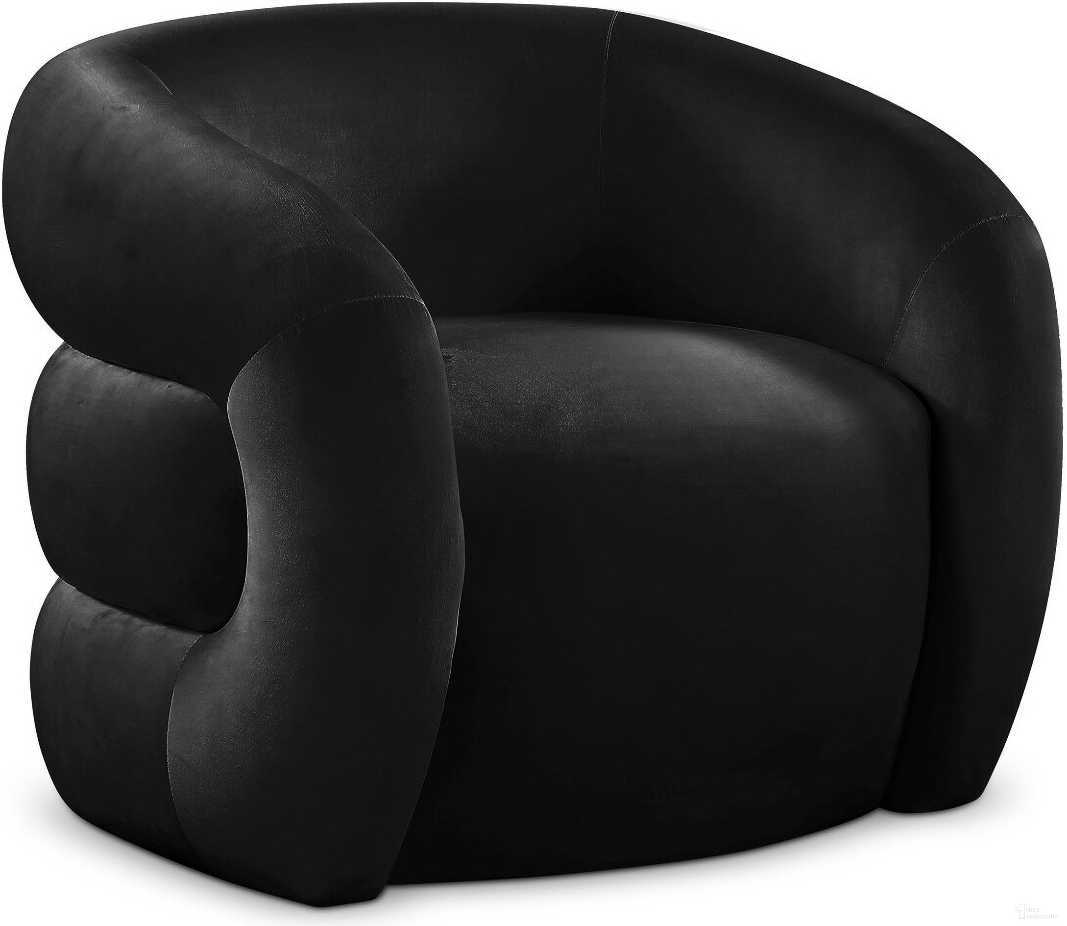 The appearance of Roxbury Velvet Accent Chair In Black designed by Meridian in the modern / contemporary interior design. This black piece of furniture  was selected by 1StopBedrooms from Roxbury Collection to add a touch of cosiness and style into your home. Sku: 525Black. Material: Velvet.
