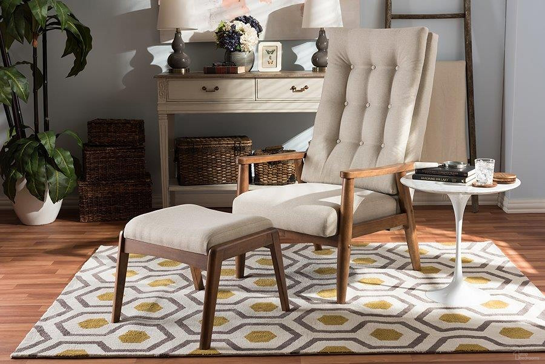 Roxy Mid-Century Modern Walnut Wood Finishing And Light Beige Fabric Upholstered Button-Tufted High-Back Lounge Chair And Ottoman Set