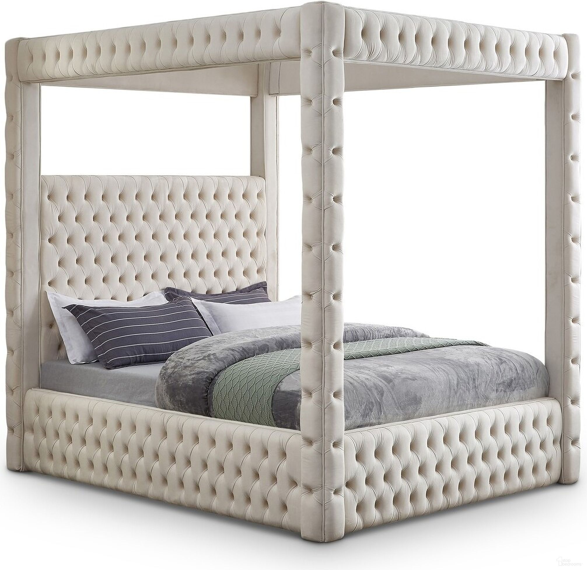 Royal Beige Velvet Queen Bed In Cream