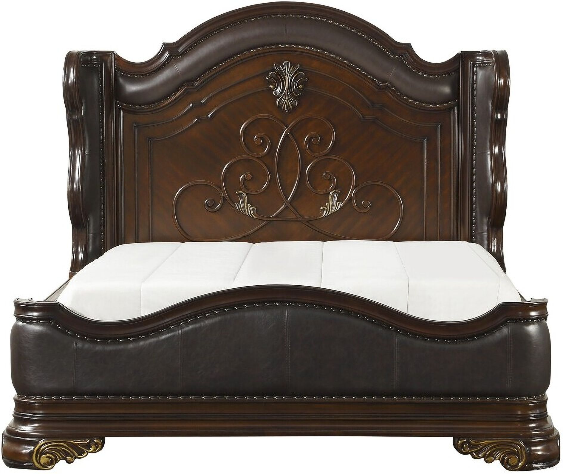 The appearance of Royal Highlands Rich Cherry Queen Panel Bed designed by Homelegance in the traditional interior design. This brown piece of furniture was selected by 1StopBedrooms from Royal Highlands Collection to add a touch of cosiness and style into your home. Sku: 1603-1;1603-2;1603-P. Bed Type: Panel Bed. Material: Faux Leather. Bed Size: Queen.