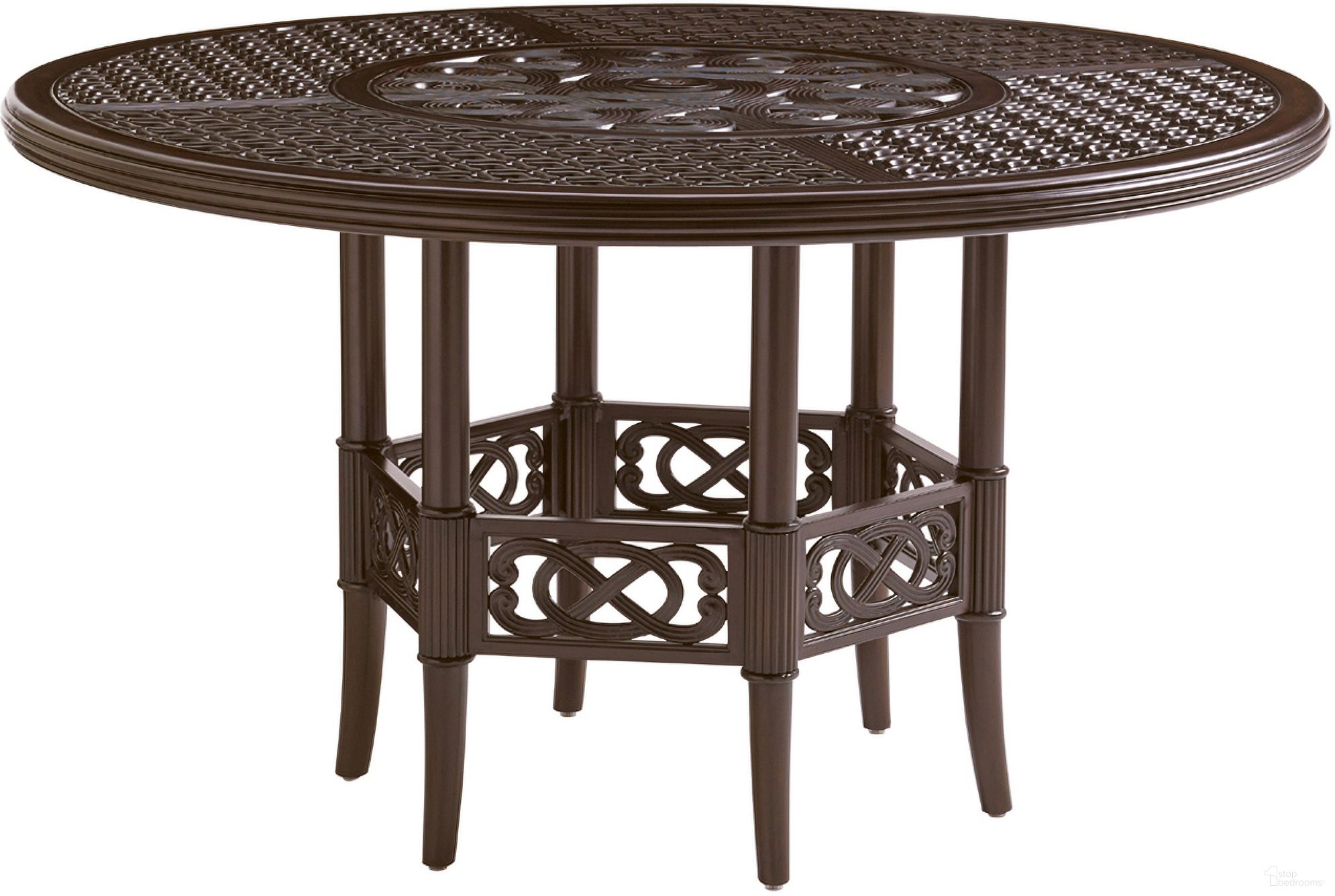 The appearance of Royal Kahala Black Sands Dining Table with Cast Top In Dark Brown designed by Tommy Bahama in the traditional interior design. This dark brown piece of furniture  was selected by 1StopBedrooms from Royal Kahala Black Sands Collection to add a touch of cosiness and style into your home. Sku: 3235-875C. Table Top Shape: Round. Material: Aluminum.