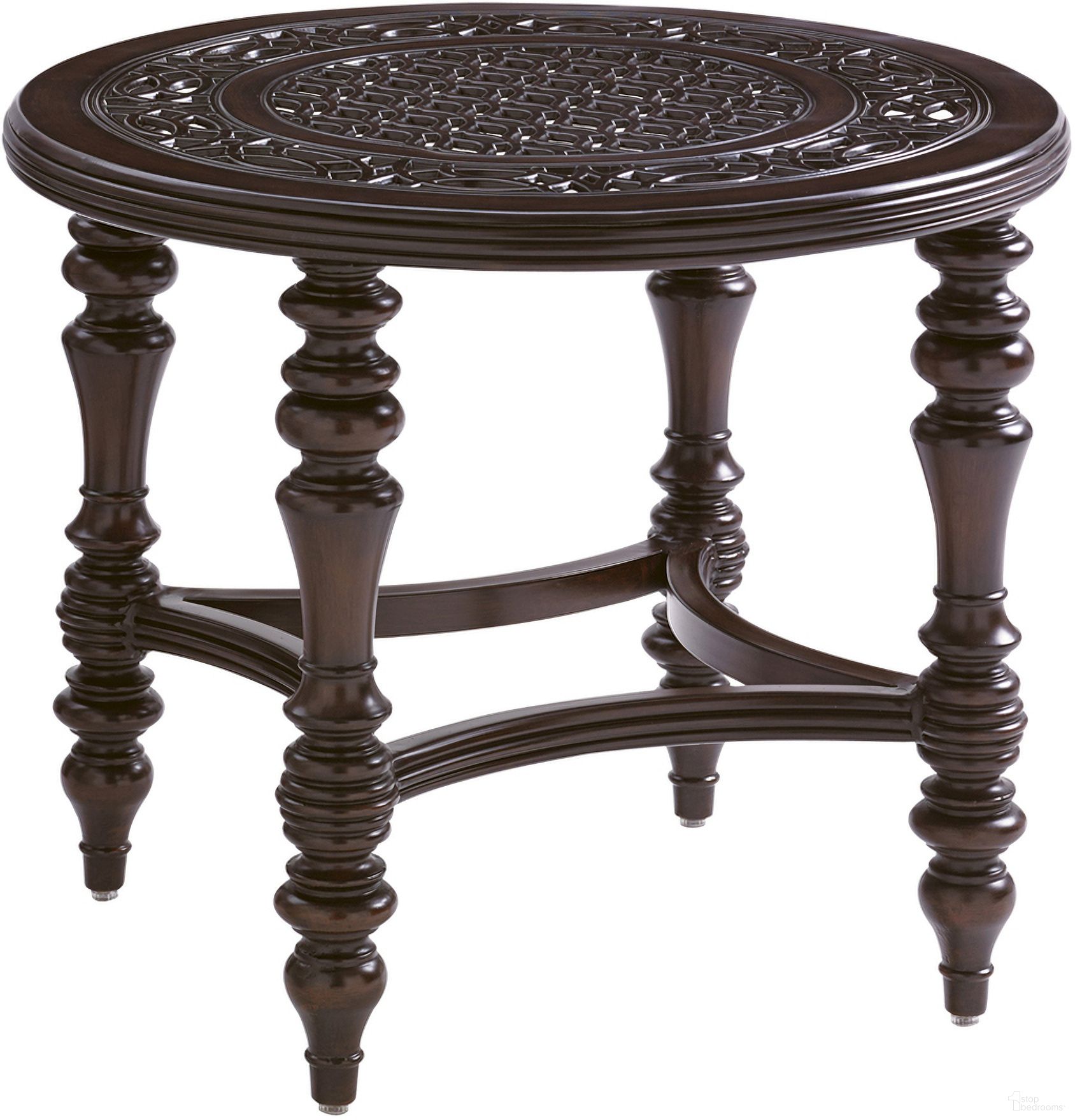 The appearance of Royal Kahala Black Sands Round End Table In Dark Brown designed by Tommy Bahama in the traditional interior design. This dark brown piece of furniture was selected by 1StopBedrooms from Royal Kahala Black Sands Collection to add a touch of cosiness and style into your home. Sku: 3235-950. Table Top Shape: Round. Material: Aluminum.