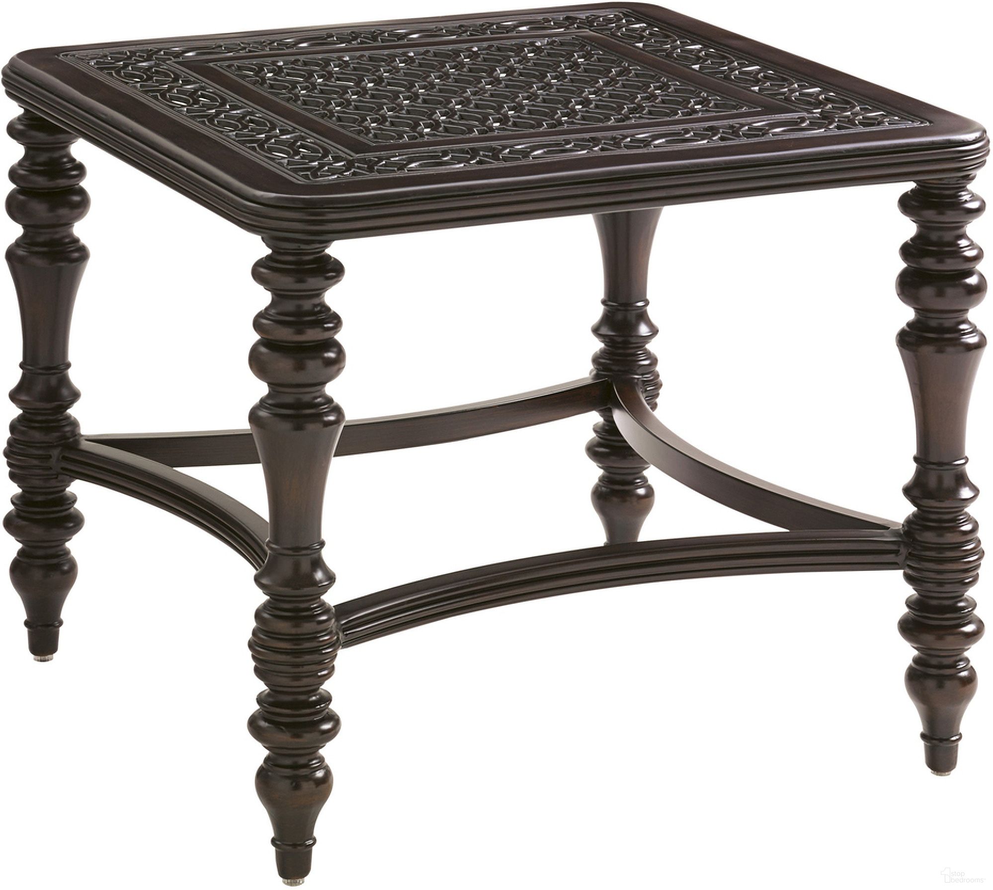 The appearance of Royal Kahala Black Sands Square End Table In Dark Brown designed by Tommy Bahama in the traditional interior design. This dark brown piece of furniture  was selected by 1StopBedrooms from Royal Kahala Black Sands Collection to add a touch of cosiness and style into your home. Sku: 3235-953. Table Top Shape: Square. Material: Aluminum.