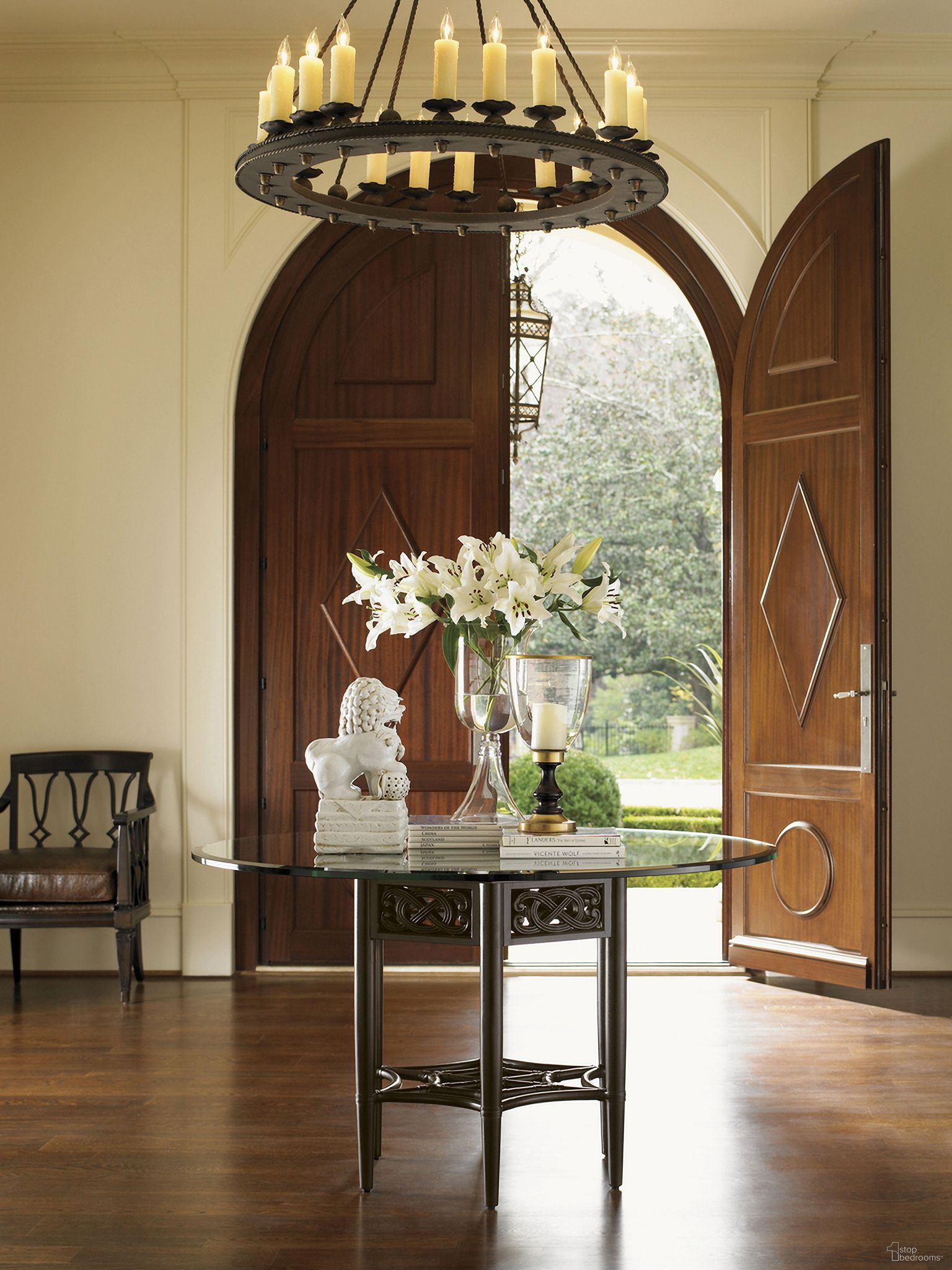 The appearance of Royal Kahala Sugar And Lace Dining Table with 54 Inch Glass Top In Kona Blend designed by Tommy Bahama in the transitional interior design. This kona blend piece of furniture was selected by 1StopBedrooms from Royal Kahala Collection to add a touch of cosiness and style into your home. Sku: 539-875-54C. Table Base Style: Legs. Table Top Shape: Round. Material: Wood. Size: 54".