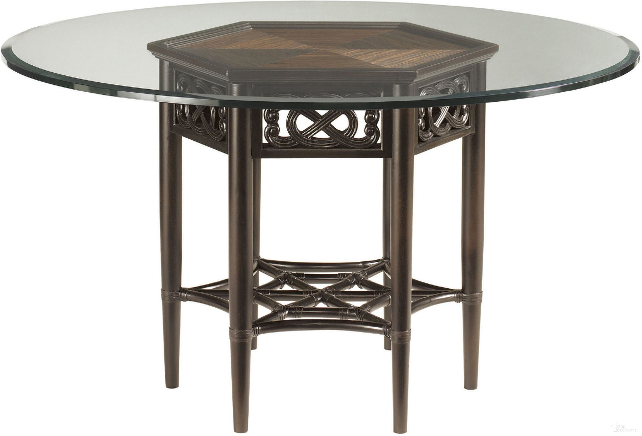 The appearance of Royal Kahala Sugar And Lace Dining Table with 60 Inch Glass Top In Kona Blend designed by Tommy Bahama in the transitional interior design. This kona blend piece of furniture was selected by 1StopBedrooms from Royal Kahala Collection to add a touch of cosiness and style into your home. Sku: 539-875-60C. Table Base Style: Legs. Table Top Shape: Round. Material: Wood. Size: 60".
