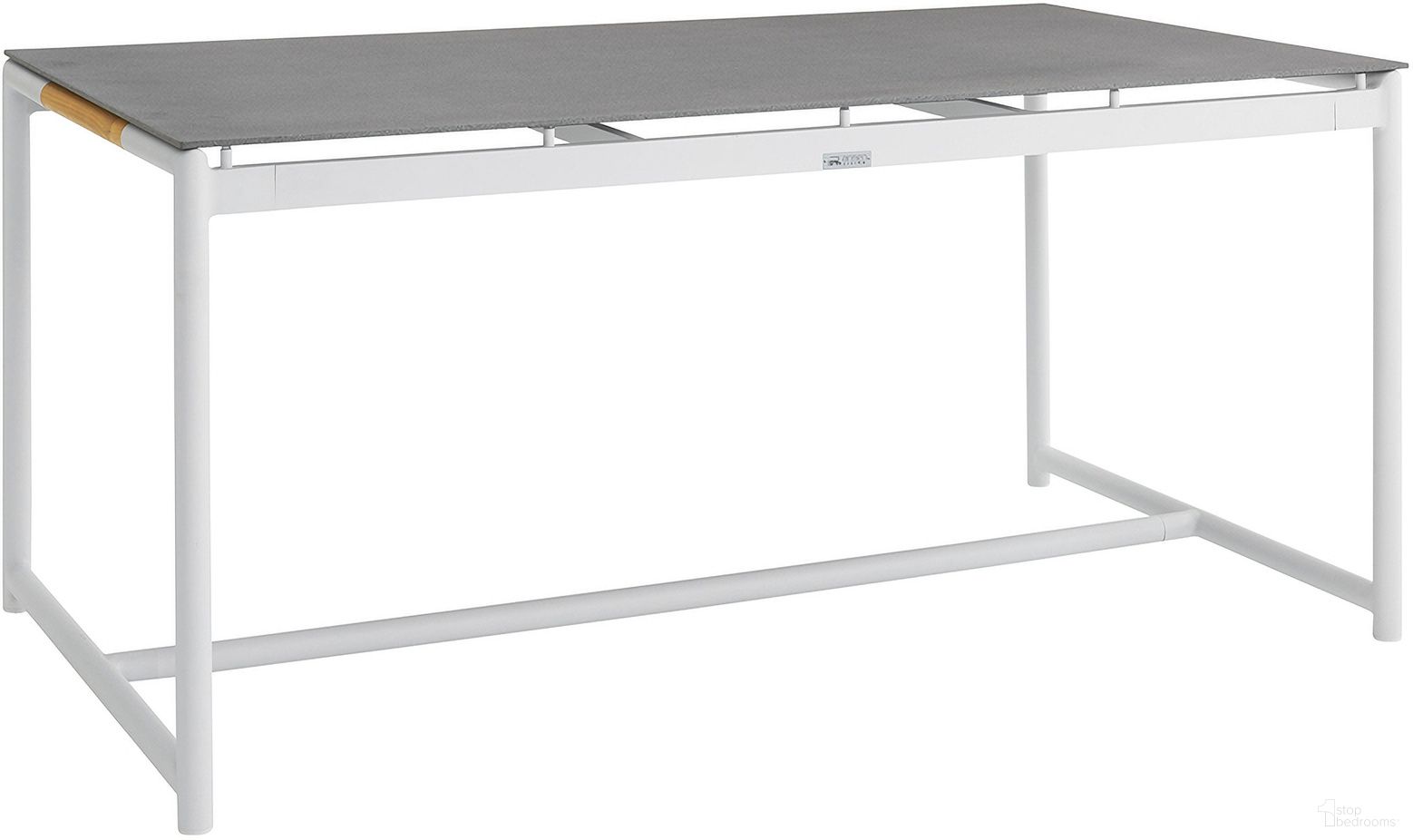 The appearance of Royal White Aluminum and Teak Outdoor Dining Table with Stone Top designed by Armen Living in the modern / contemporary interior design. This white piece of furniture was selected by 1StopBedrooms from Royal Collection to add a touch of cosiness and style into your home. Sku: 840254332812. Table Base Style: Trestle. Material: Aluminum. Table Top Shape: Rectangular.