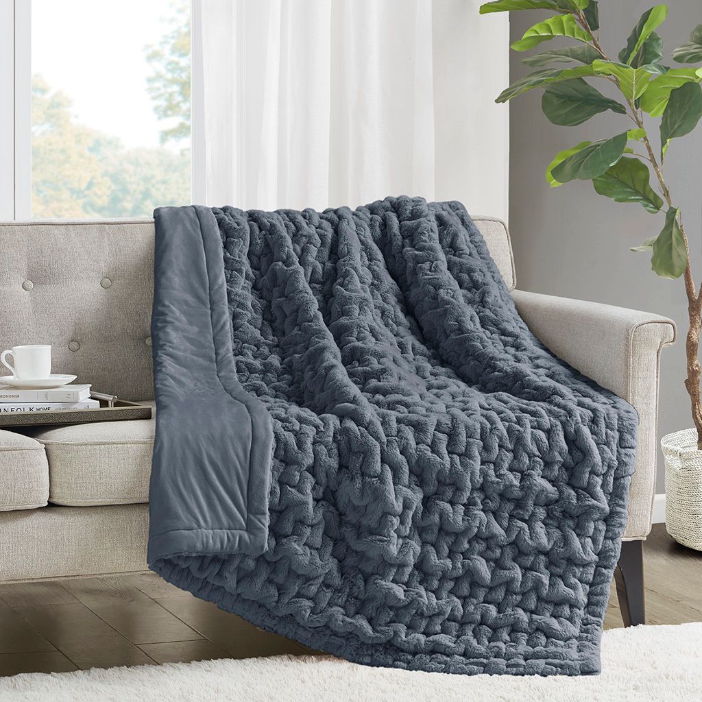 The appearance of Ruched Fur Throw In Slate Blue designed by Olliix in the glam interior design. This slate blue piece of furniture  was selected by 1StopBedrooms from Ruched Fur Collection to add a touch of cosiness and style into your home. Sku: MP50-8107. Material: Polyester.