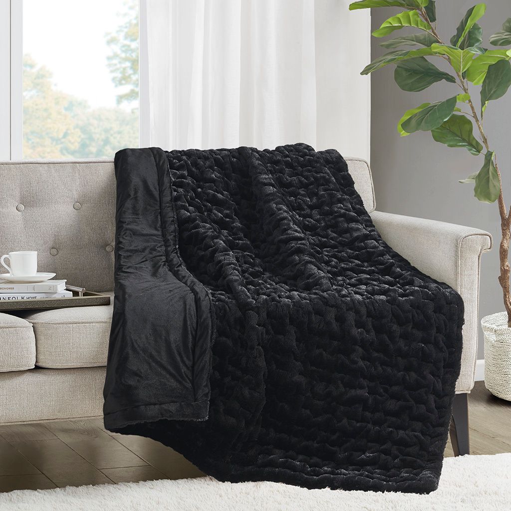 The appearance of Ruched Fur Throw In Black designed by Olliix in the glam interior design. This black piece of furniture  was selected by 1StopBedrooms from Ruched Fur Collection to add a touch of cosiness and style into your home. Sku: MP50-7821. Material: Fur.