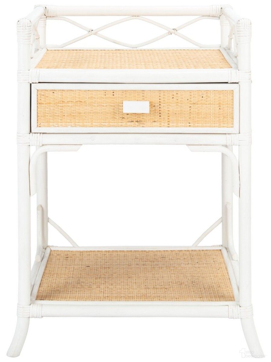 The appearance of Rumi 1 Drawer 1 Shelf Nightstand in White and Natural designed by Safavieh in the coastal interior design. This white/natural piece of furniture was selected by 1StopBedrooms from Rumi Collection to add a touch of cosiness and style into your home. Sku: NST4004B. Material: Wood.