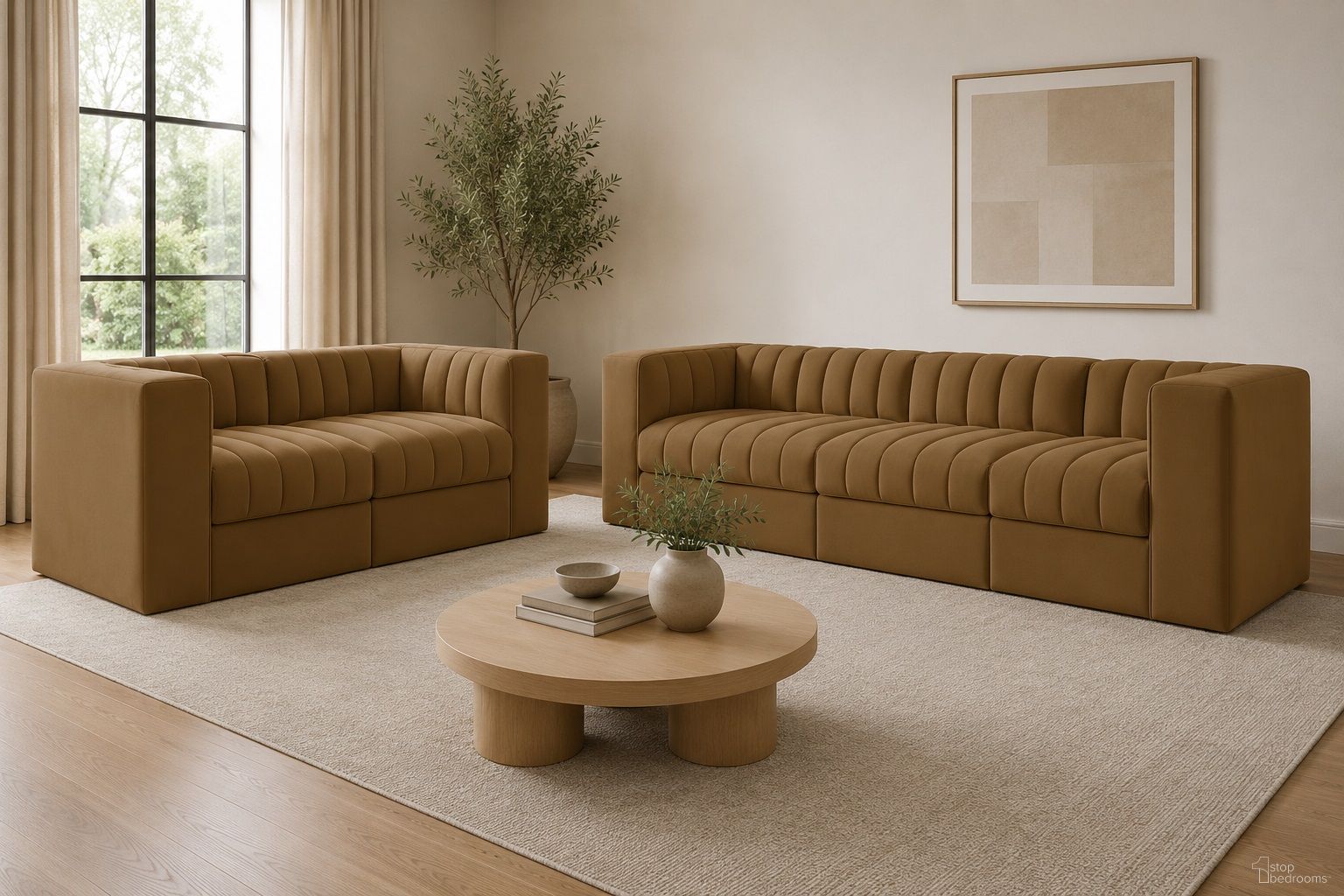 Rummi Upholstered Modular Living Room Set In Saddle