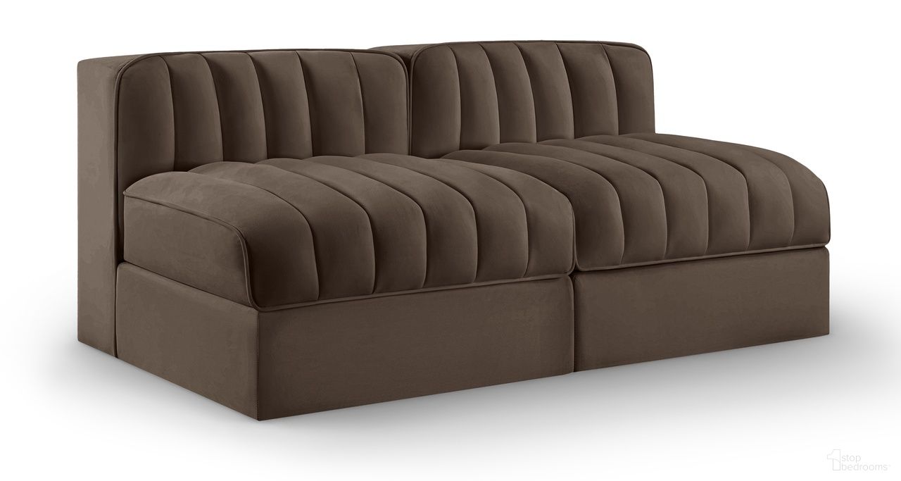 The appearance of Rummi Velvet Performance Fabric Upholstered 2-Piece Modular Loveseat In Brown designed by Meridian in the modern / contemporary interior design. This brown piece of furniture was selected by 1StopBedrooms from Rummi Collection to add a touch of cosiness and style into your home. Sku: 660Brown-Armless;660Brown-Armless. Material: Foam.
