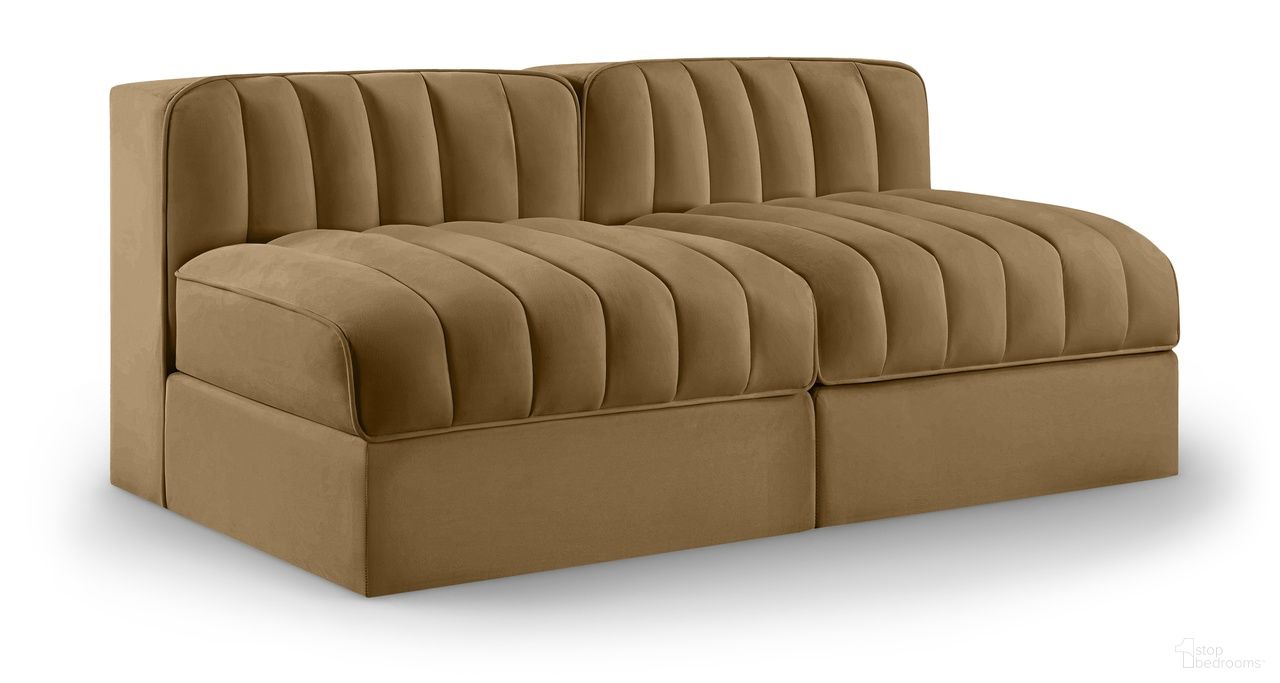 Rummi Velvet Performance Fabric Upholstered 2-Piece Modular Loveseat In Saddle
