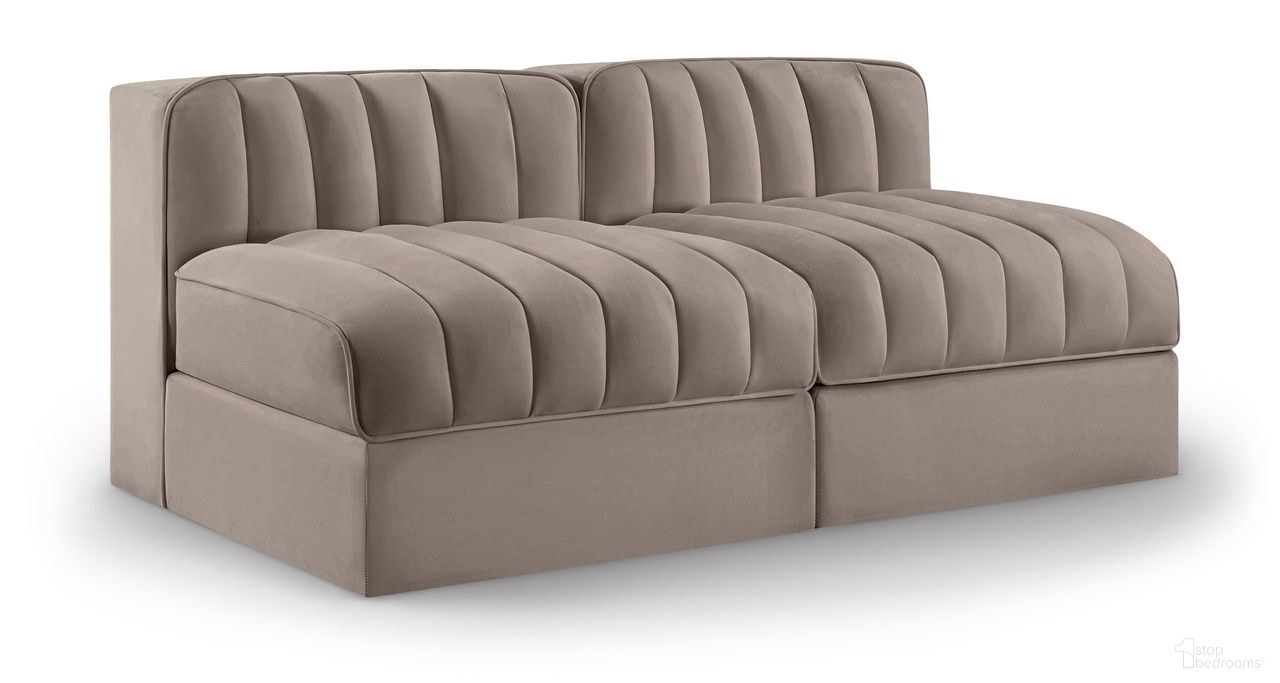 The appearance of Rummi Velvet Performance Fabric Upholstered 2-Piece Modular Loveseat In Taupe designed by Meridian in the modern / contemporary interior design. This taupe piece of furniture  was selected by 1StopBedrooms from Rummi Collection to add a touch of cosiness and style into your home. Sku: 660Taupe-Armless;660Taupe-Armless. Material: Foam.