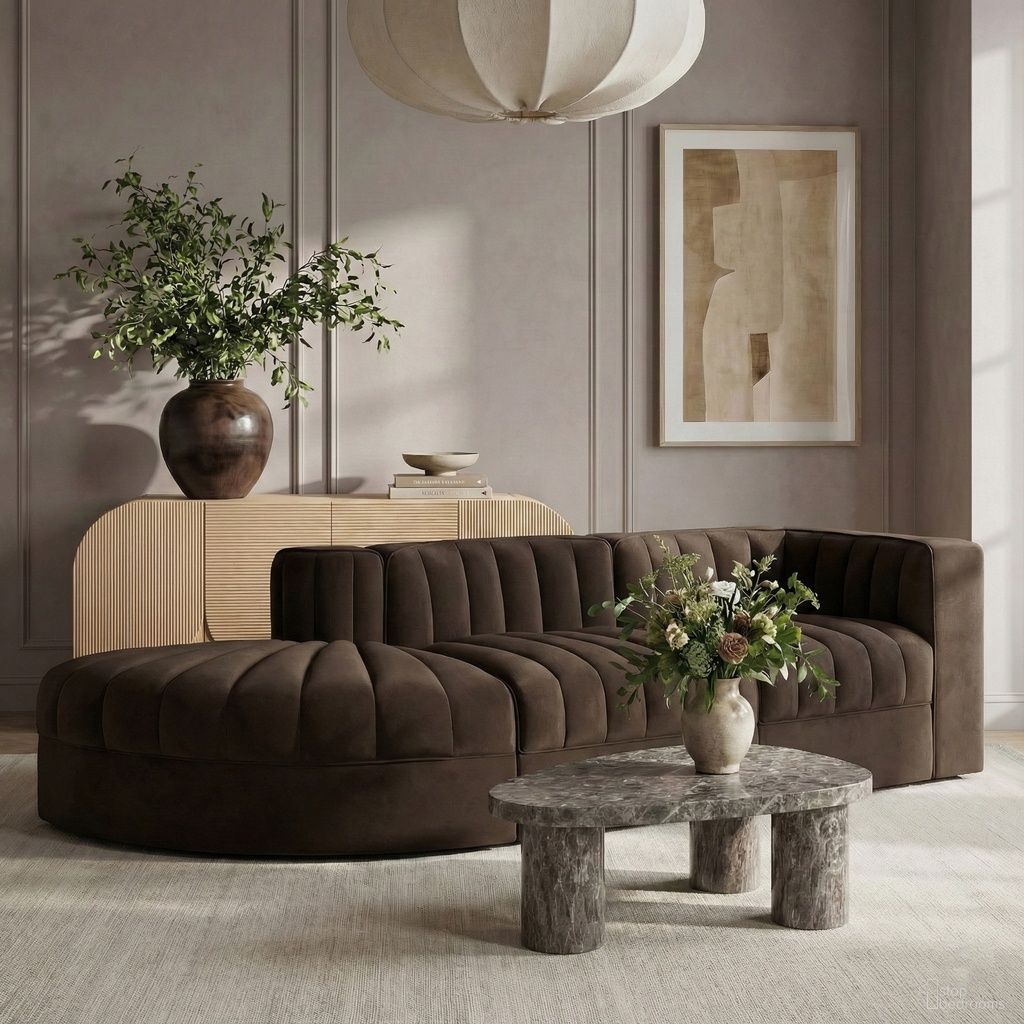 The appearance of Rummi Velvet Performance Fabric Upholstered 3-Piece Modular Sectional In Brown designed by Meridian in the modern / contemporary interior design. This brown piece of furniture was selected by 1StopBedrooms from Rummi Collection to add a touch of cosiness and style into your home. Sku: 660Brown-Armless;660Brown-Corner;660Brown-RC. Material: Foam.