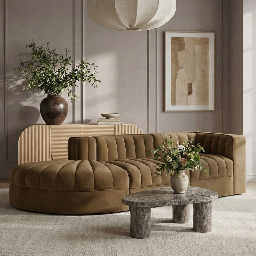 Rummi Velvet Performance Fabric Upholstered 3-Piece Modular Sectional In Saddle