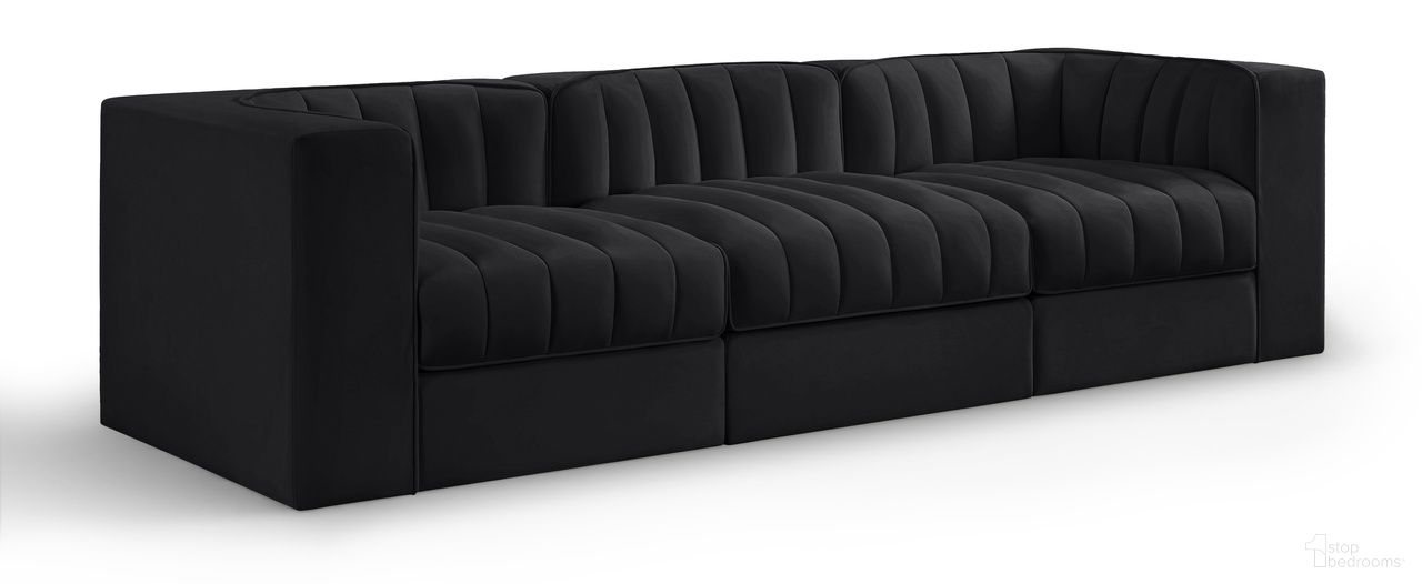 The appearance of Rummi Velvet Performance Fabric Upholstered 3-Piece Modular Sofa In Black designed by Meridian in the modern / contemporary interior design. This black piece of furniture was selected by 1StopBedrooms from Rummi Collection to add a touch of cosiness and style into your home. Sku: 660Black-Armless;660Black-Corner;660Black-Corner. Material: Foam.