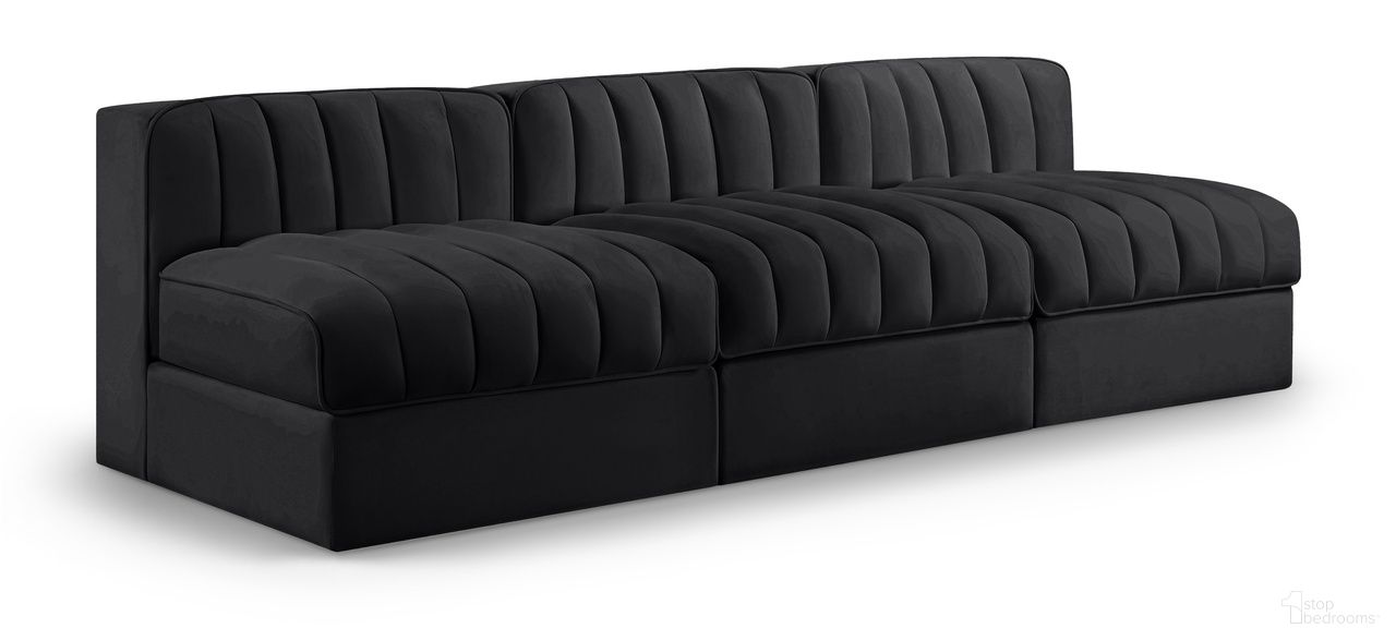 The appearance of Rummi Velvet Performance Fabric Upholstered 3-Piece Modular Sofa In Black designed by Meridian in the modern / contemporary interior design. This black piece of furniture  was selected by 1StopBedrooms from Rummi Collection to add a touch of cosiness and style into your home. Sku: 660Black-Armless;660Black-Armless;660Black-Armless. Material: Foam.