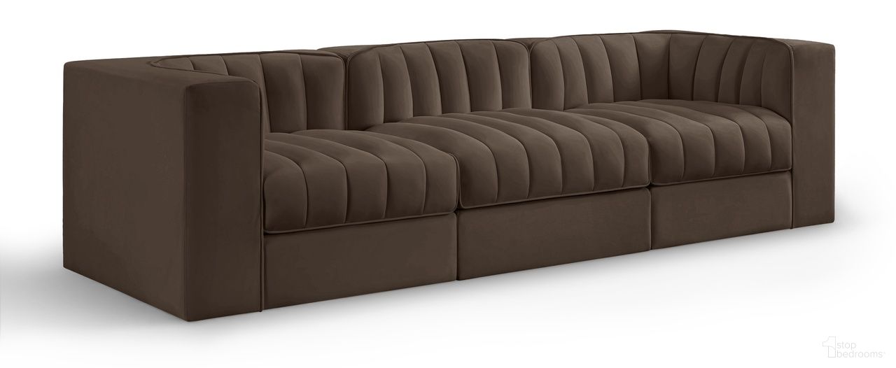 The appearance of Rummi Velvet Performance Fabric Upholstered 3-Piece Modular Sofa In Brown designed by Meridian in the modern / contemporary interior design. This brown piece of furniture was selected by 1StopBedrooms from Rummi Collection to add a touch of cosiness and style into your home. Sku: 660Brown-Armless;660Brown-Corner;660Brown-Corner. Material: Foam.