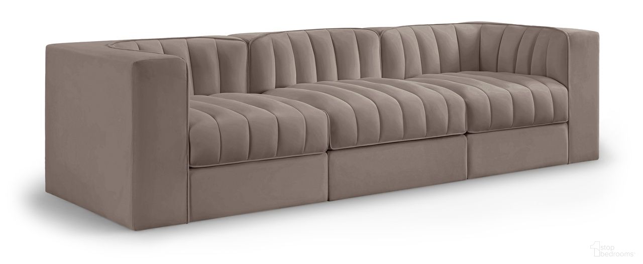 The appearance of Rummi Velvet Performance Fabric Upholstered 3-Piece Modular Sofa In Taupe designed by Meridian in the modern / contemporary interior design. This taupe piece of furniture  was selected by 1StopBedrooms from Rummi Collection to add a touch of cosiness and style into your home. Sku: 660Taupe-Armless;660Taupe-Corner;660Taupe-Corner. Material: Foam.