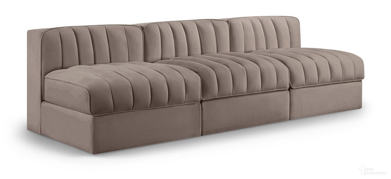 The appearance of Rummi Velvet Performance Fabric Upholstered 3-Piece Modular Sofa In Taupe designed by Meridian in the modern / contemporary interior design. This taupe piece of furniture was selected by 1StopBedrooms from Rummi Collection to add a touch of cosiness and style into your home. Sku: 660Taupe-Armless;660Taupe-Armless;660Taupe-Armless. Material: Foam.