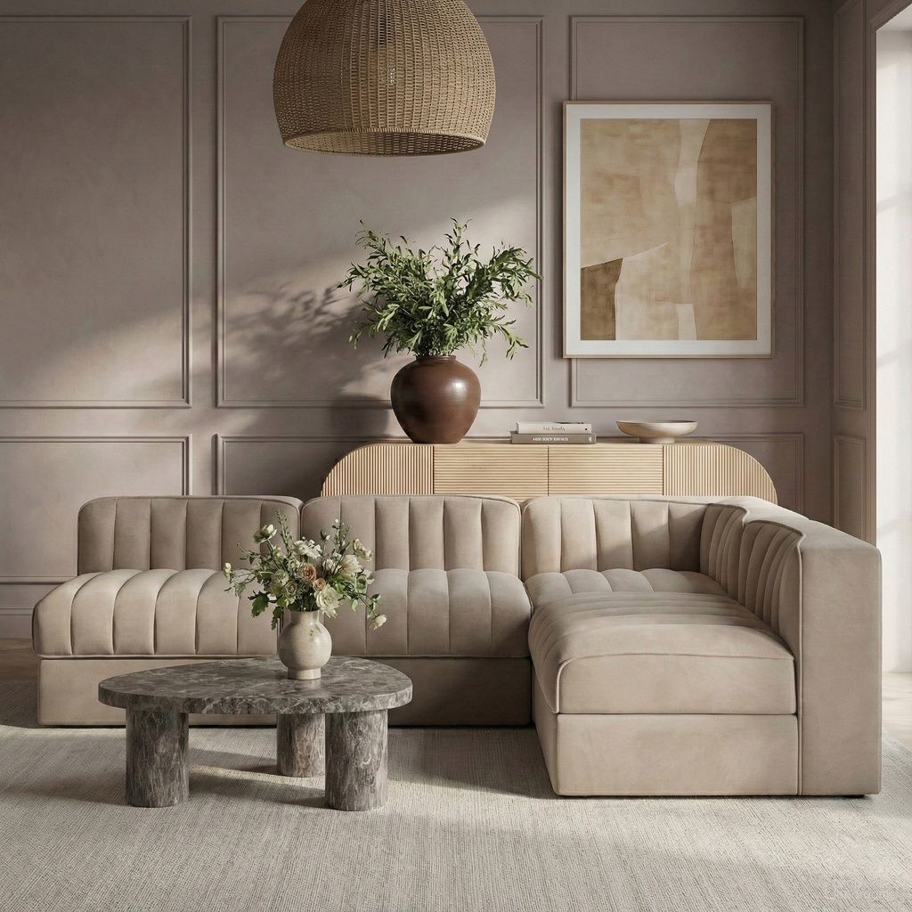 Rummi Velvet Performance Fabric Upholstered 4-Piece Modular Sectional In Beige